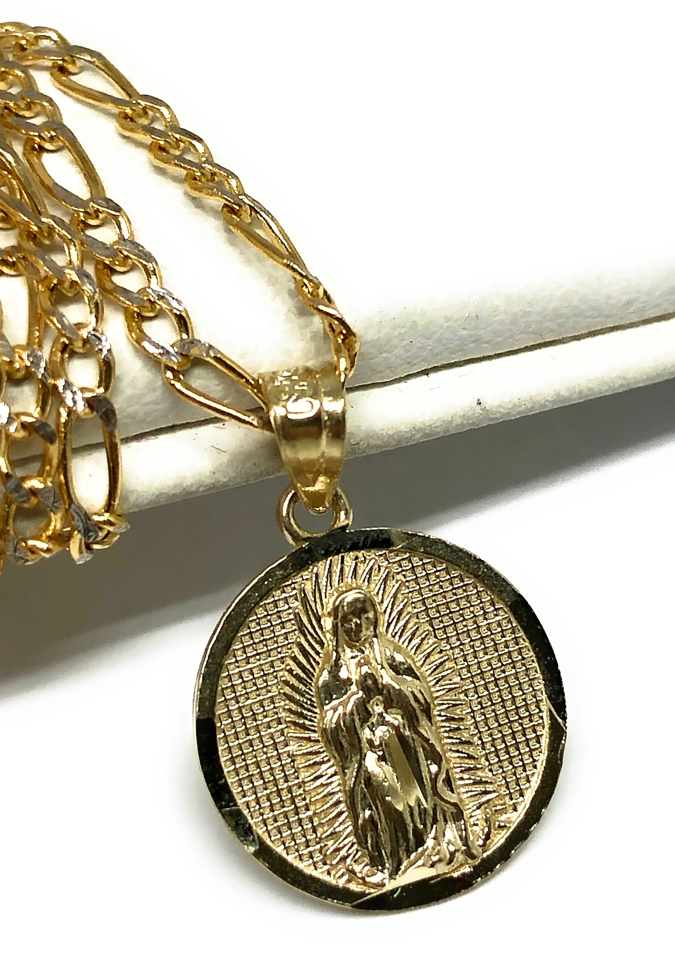 10k Solid Gold Yellow Virrgin Mary Virrgen Guadalupe Round Pendant Figaro Chain (SMALL) - Image 3