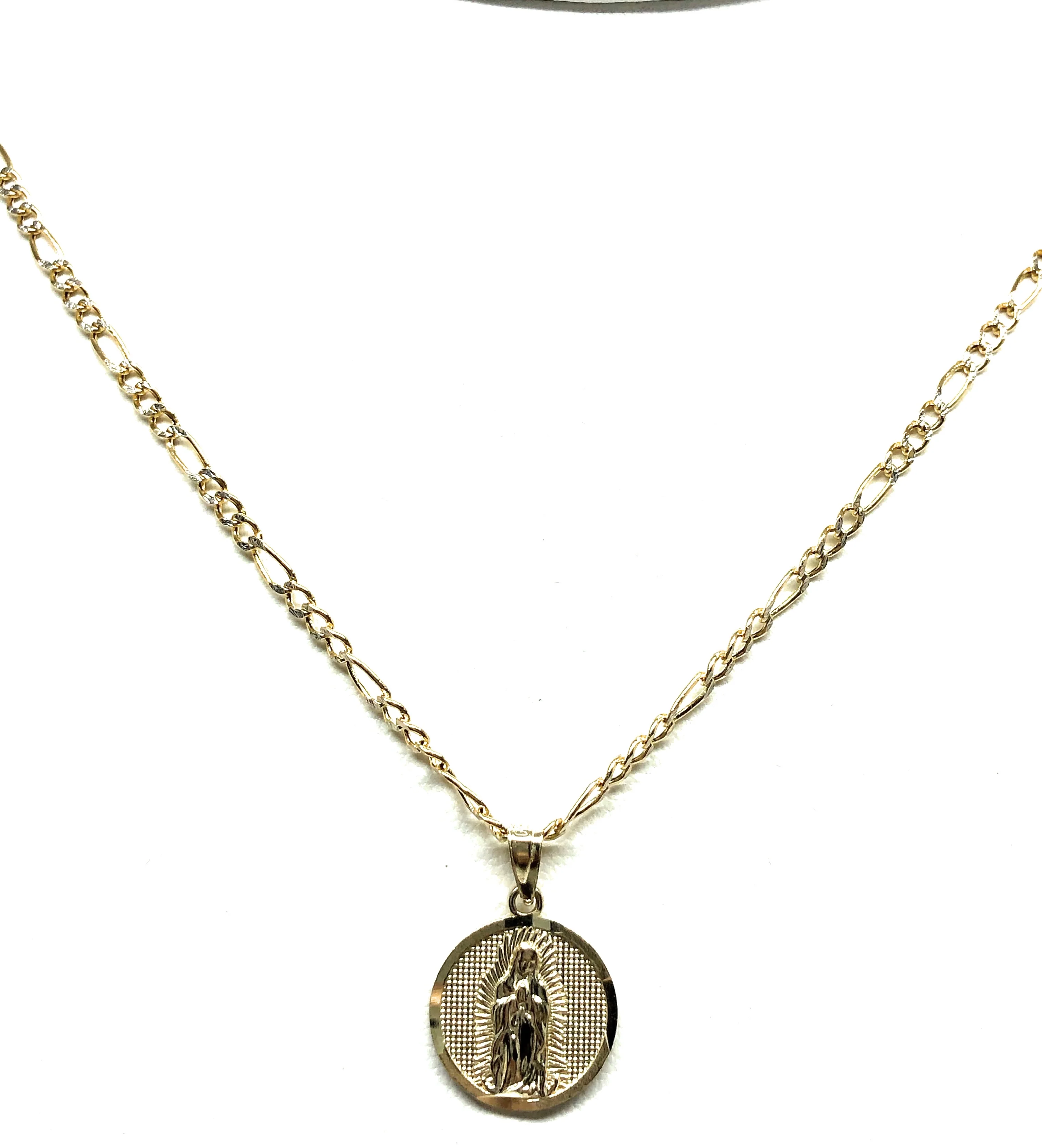 10k Solid Gold Yellow Virrgin Mary Virrgen Guadalupe Round Pendant Figaro Chain (SMALL) - Image 5