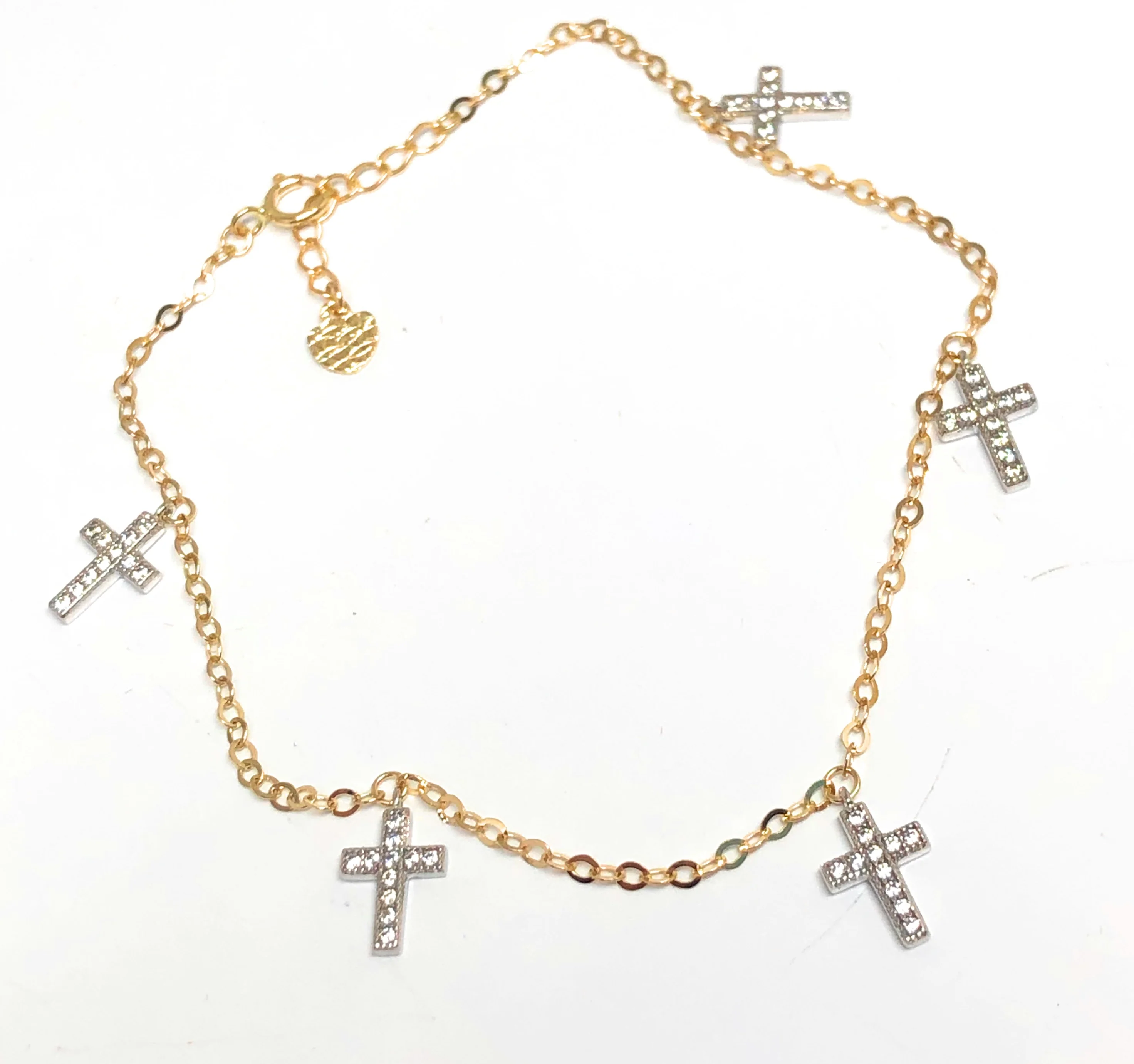10k Solid Gold Yellow & White 2 Tone Cross Charms CZ Brracelet 8 inch (FC) - Image 4