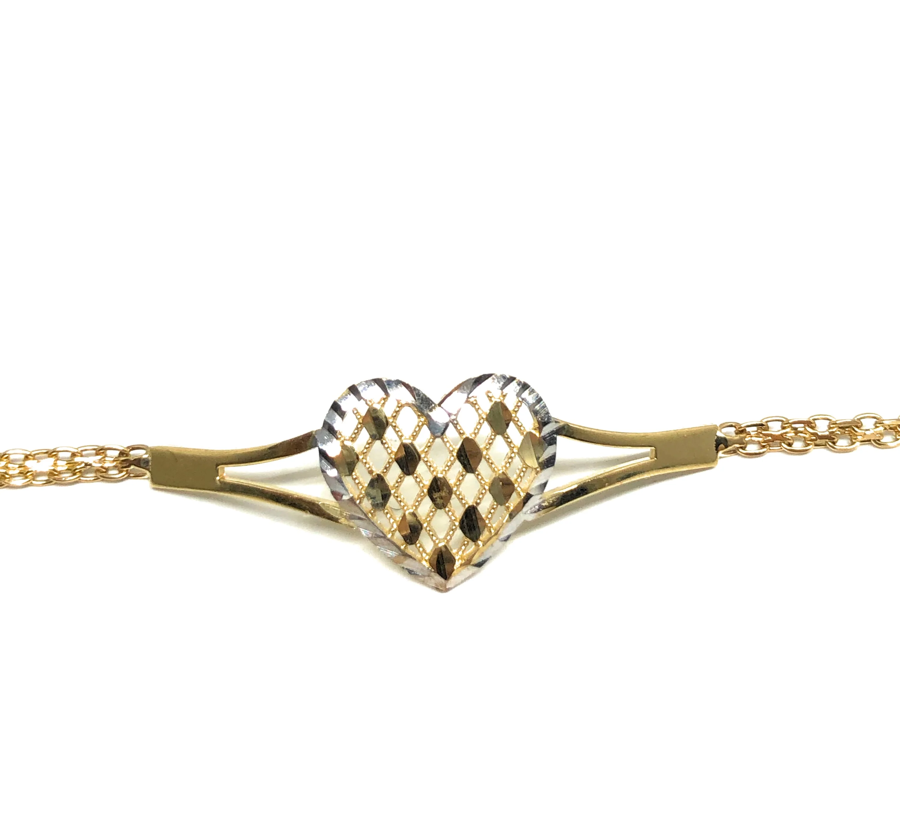 10k Solid Gold Yellow & White 2 Tone Heart Brracelet 7 inch Corazon - Image 2