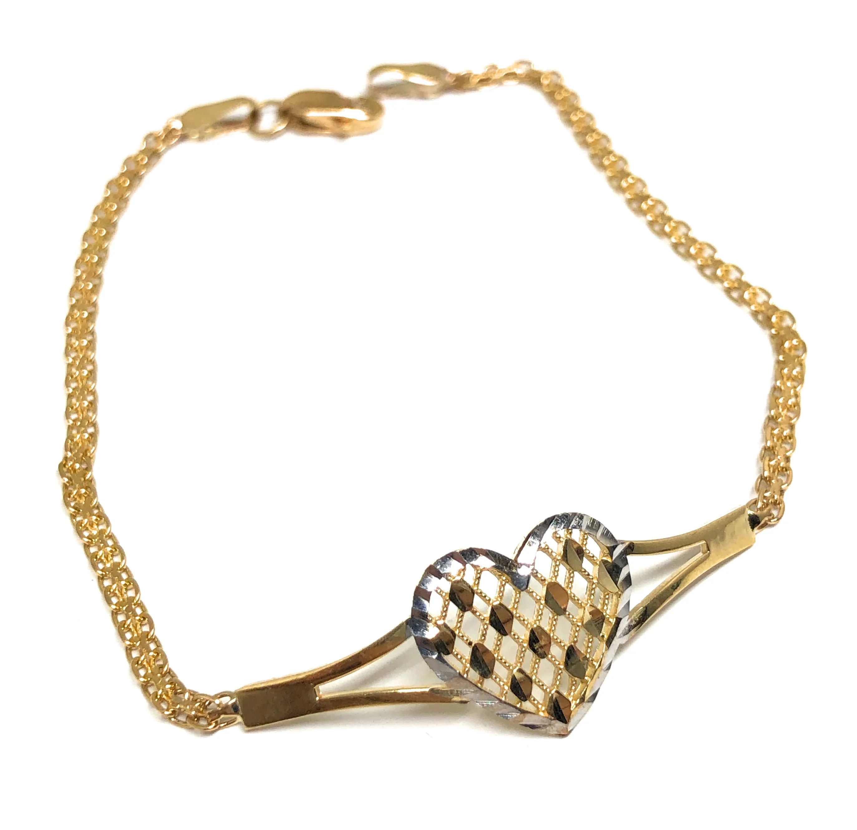 10k Solid Gold Yellow & White 2 Tone Heart Brracelet 7 inch Corazon - Image 3