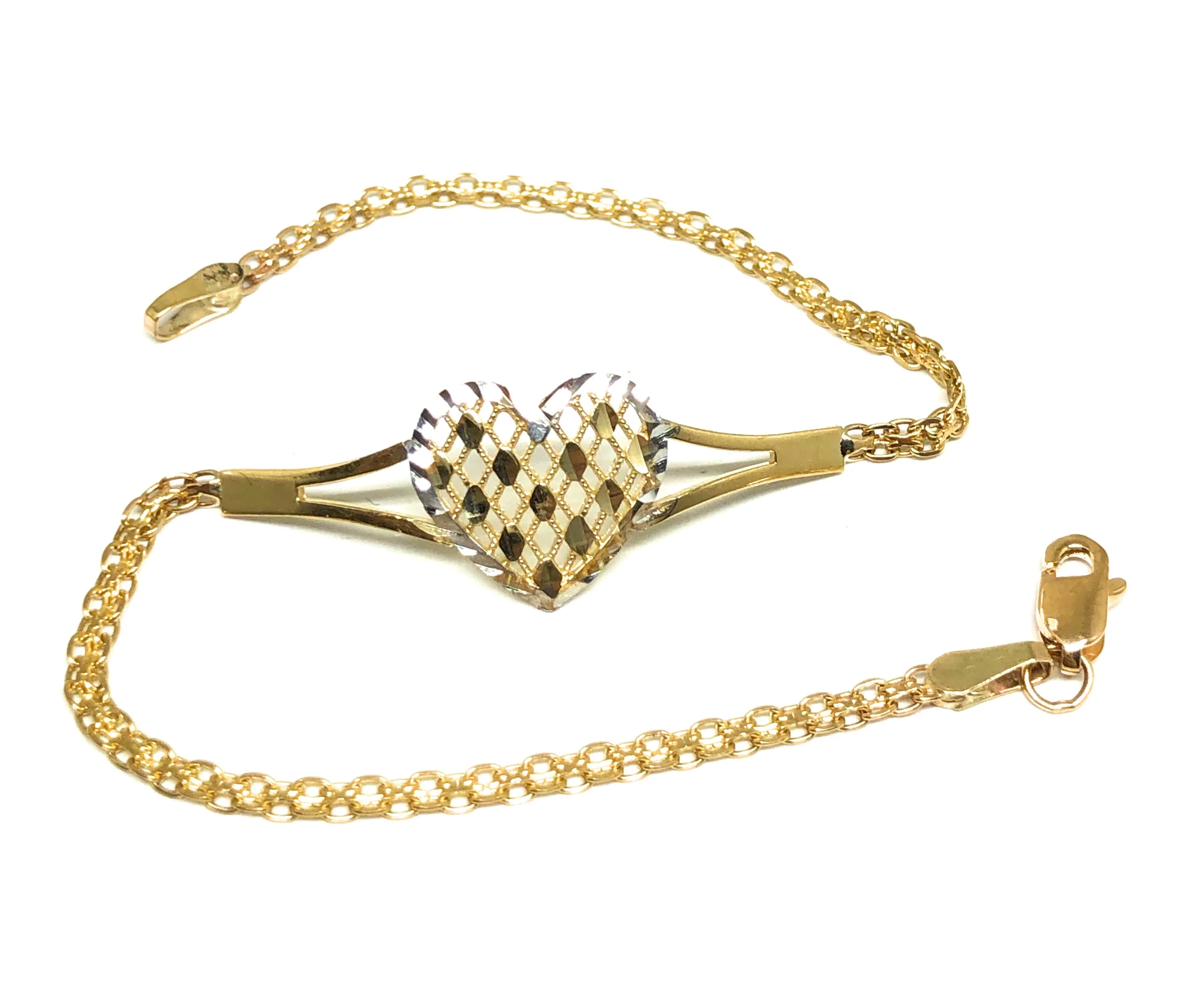 10k Solid Gold Yellow & White 2 Tone Heart Brracelet 7 inch Corazon - Image 4