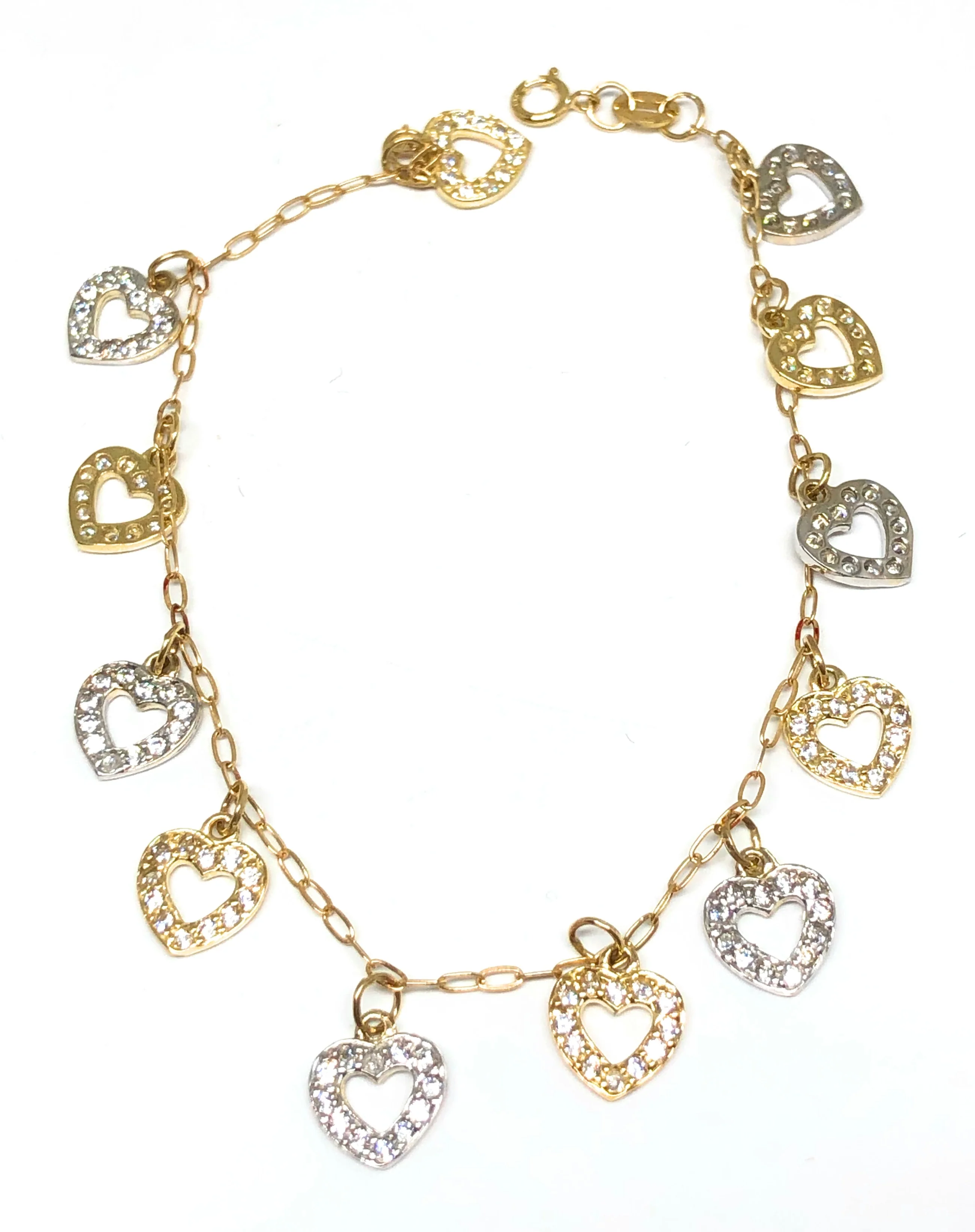 10k Solid Gold Yellow & White 2 Tone Heart Charms CZ Brracelet 7 inch Corazon - Image 2