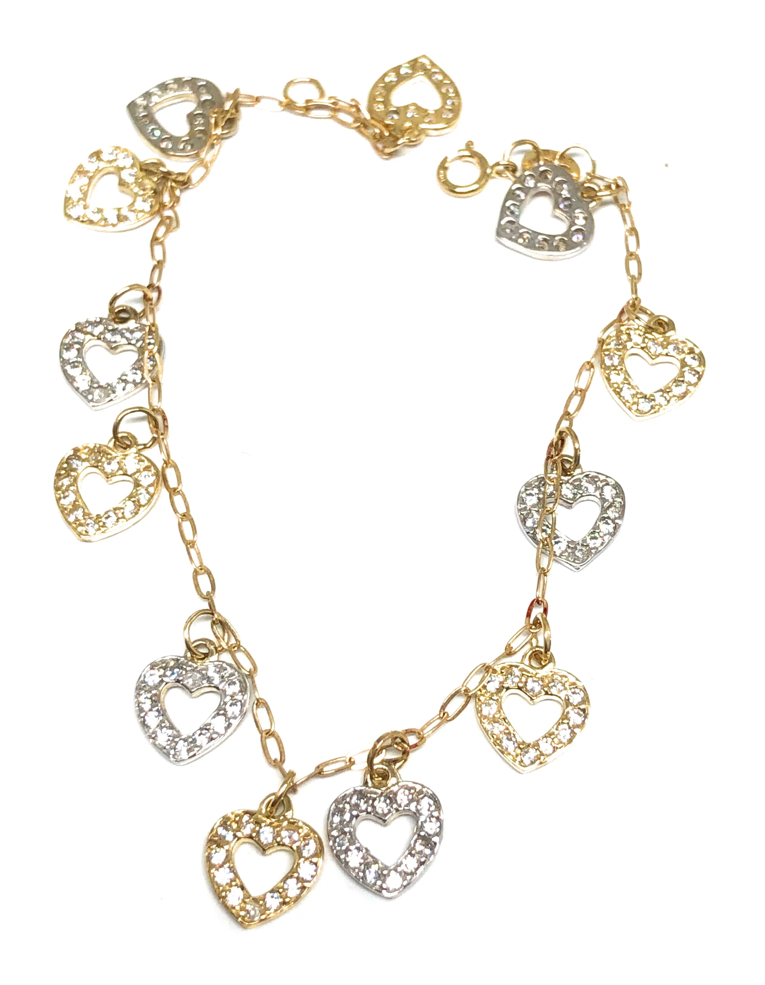 10k Solid Gold Yellow & White 2 Tone Heart Charms CZ Brracelet 7 inch Corazon - Image 3