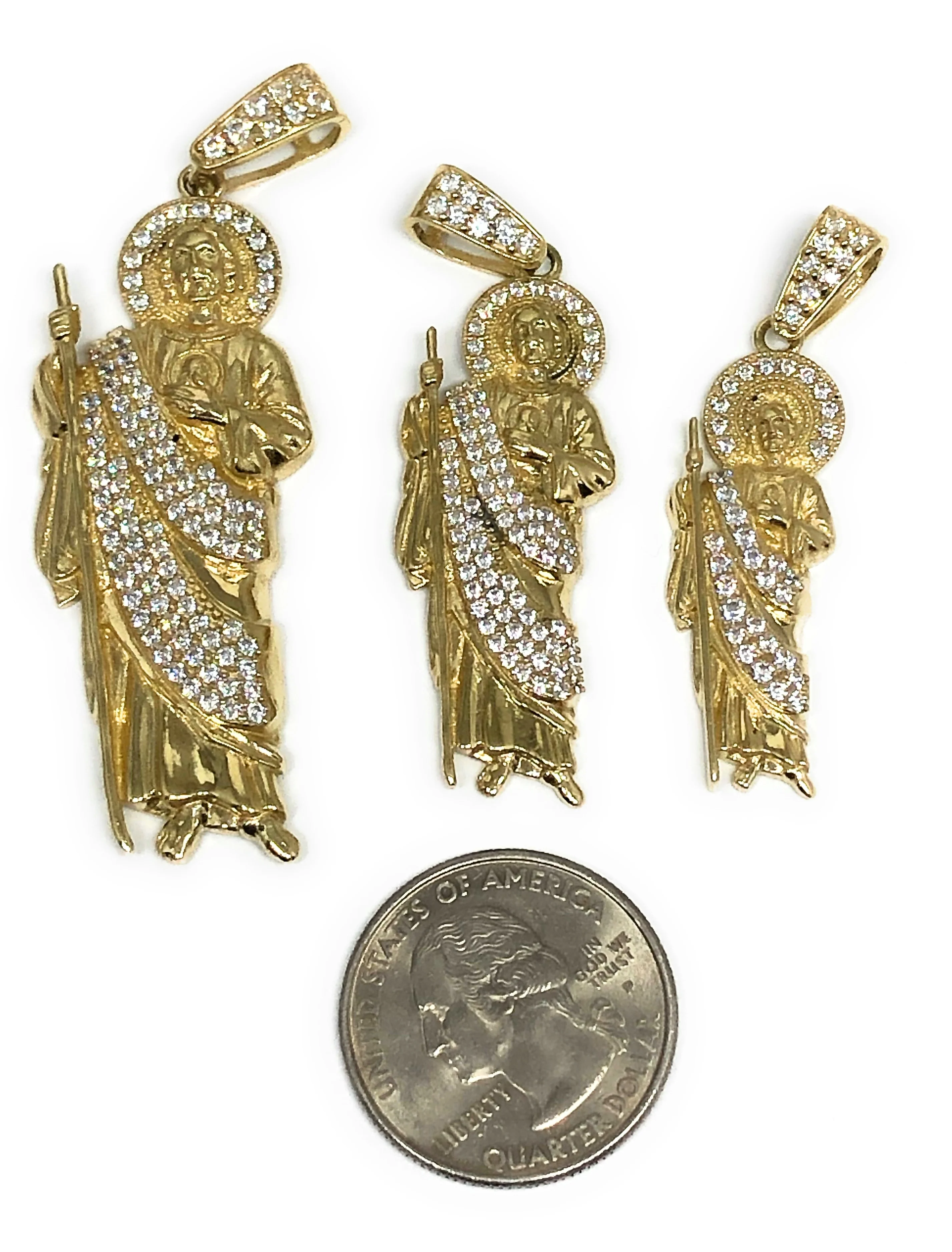 10k Solid Gold Yellow White CZ Saan Judas Saaint Jude Pendant with Figaro 3.5mm Chain Optional (LG,MED,SM) - Image 2
