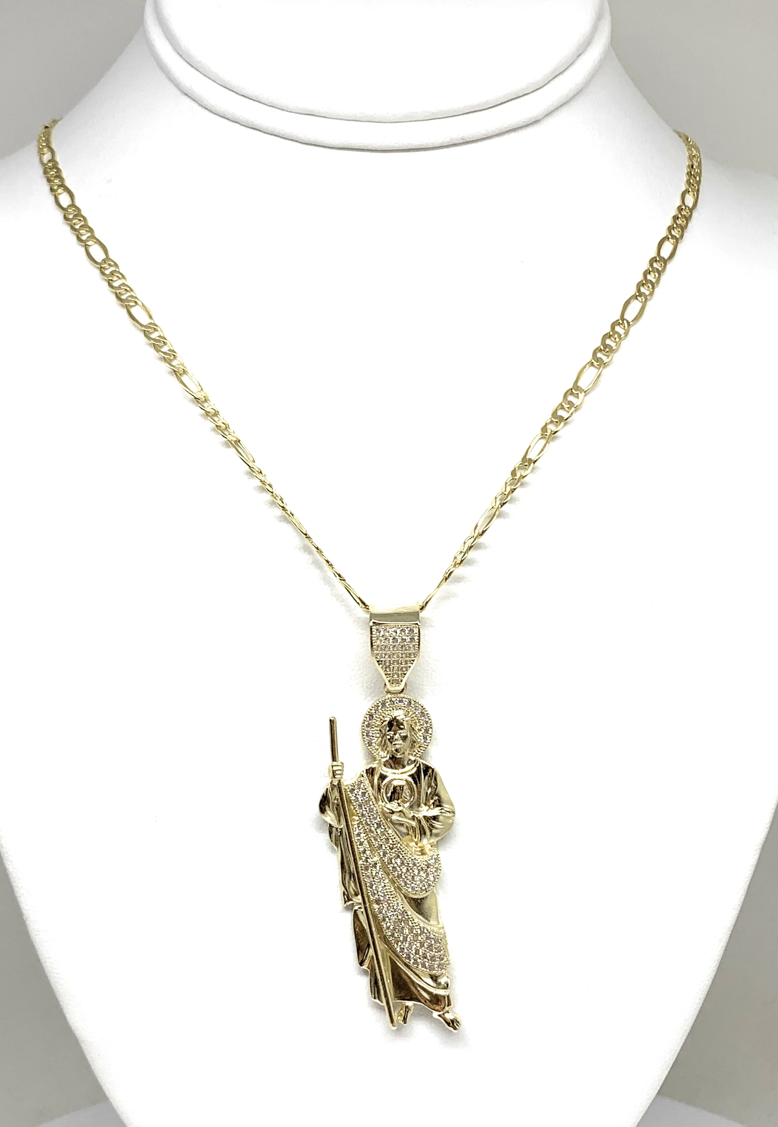 10k Solid Gold Yellow White CZ Saan Judas Saaint Jude Pendant with Figaro 3.5mm Chain Optional (LG,MED,SM) - Image 3