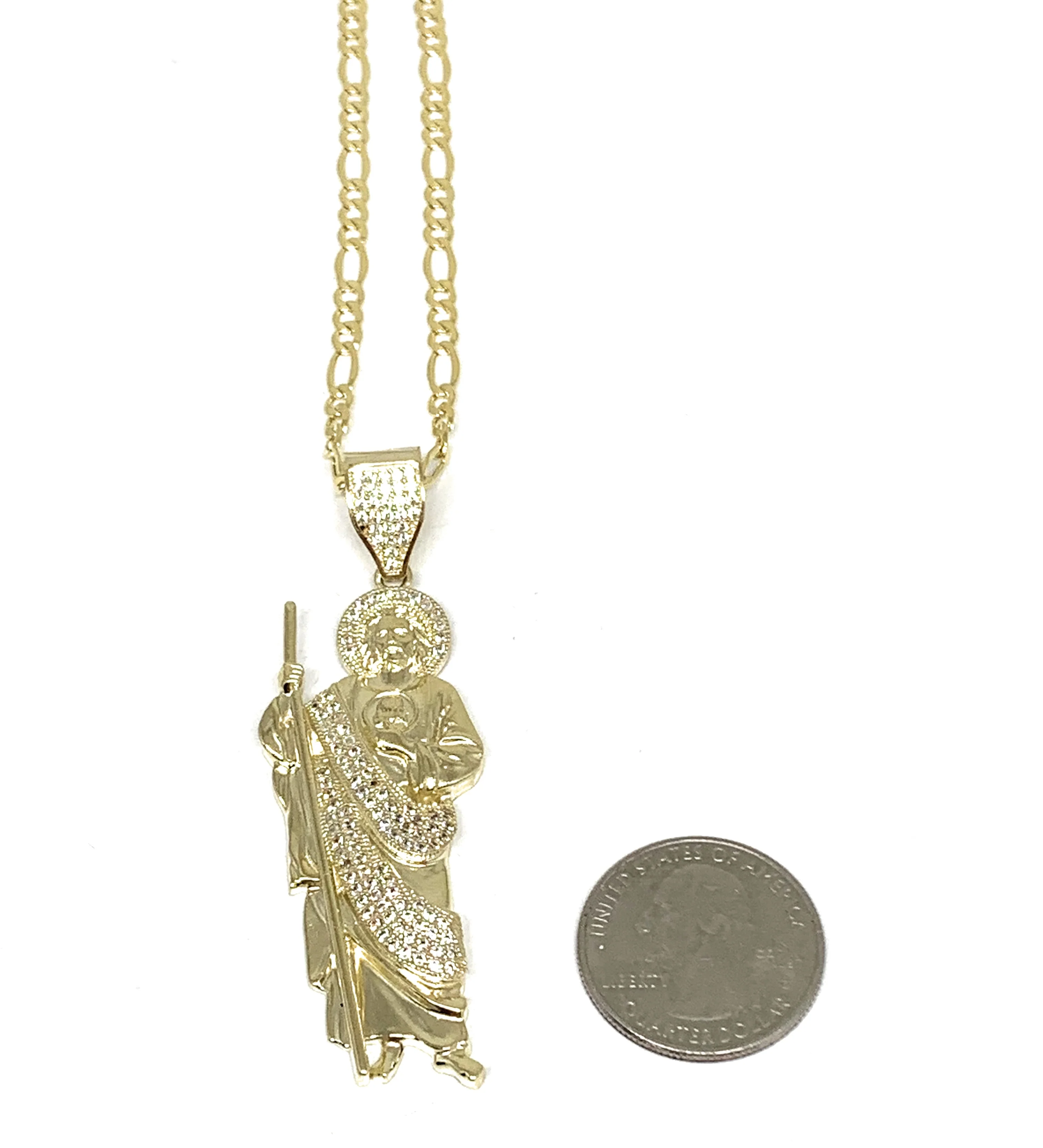 10k Solid Gold Yellow White CZ Saan Judas Saaint Jude Pendant with Figaro 3.5mm Chain Optional (LG,MED,SM) - Image 5