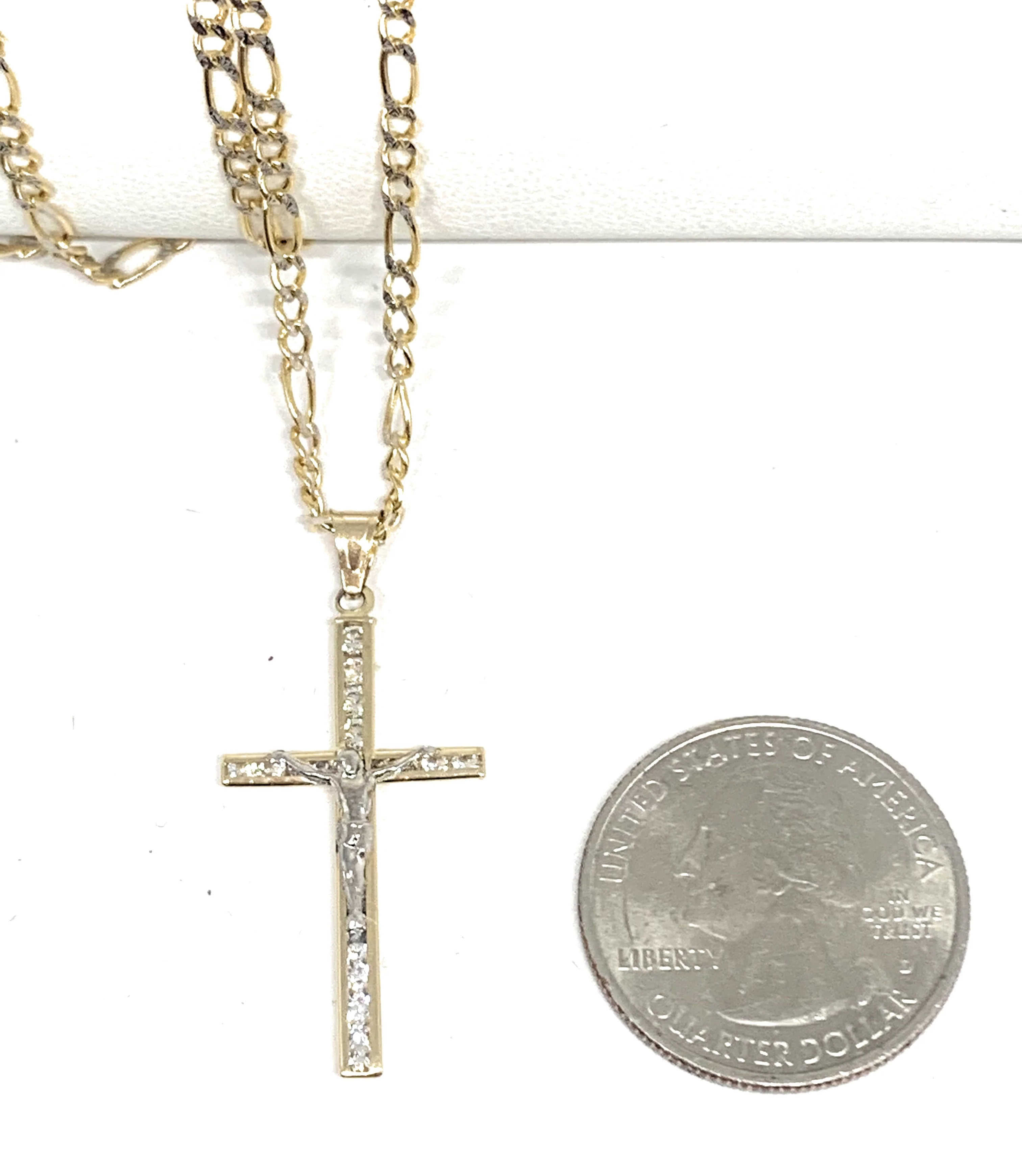 10k Solid Gold Yellow & White Gold Classic Jesus Crucifix Cross CZ Pendant - Image 2