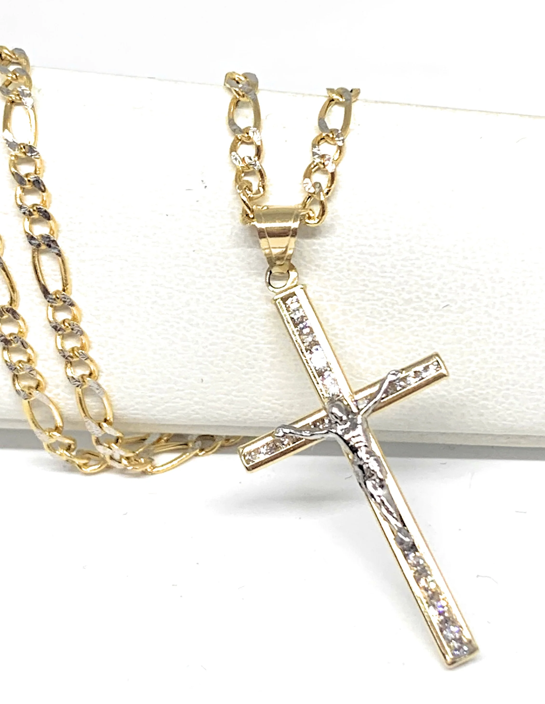 10k Solid Gold Yellow & White Gold Classic Jesus Crucifix Cross CZ Pendant - Image 3