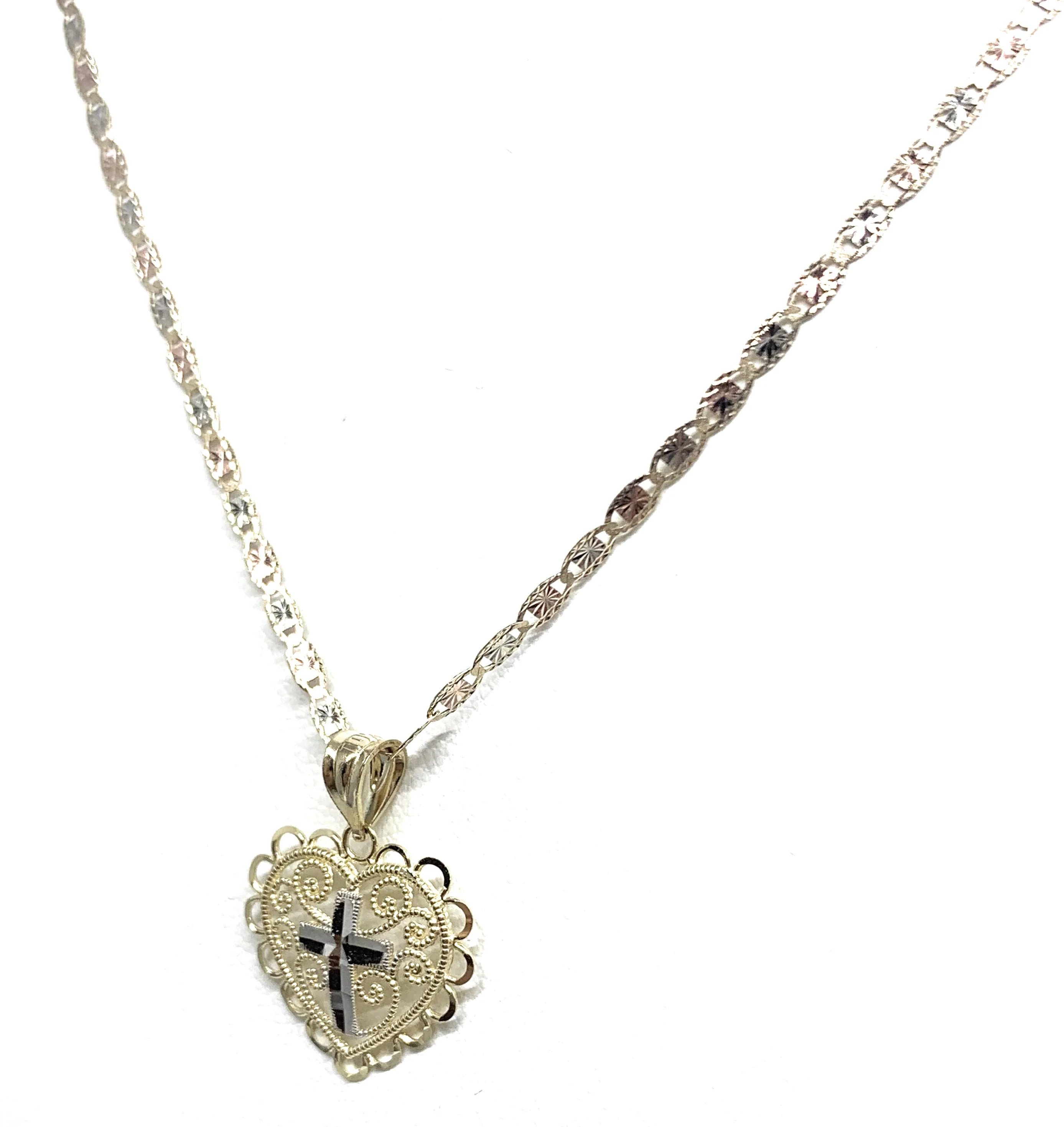 10k Solid Gold Yellow & White Gold Cross Heart Filigran Pendant Necklace - Image 5