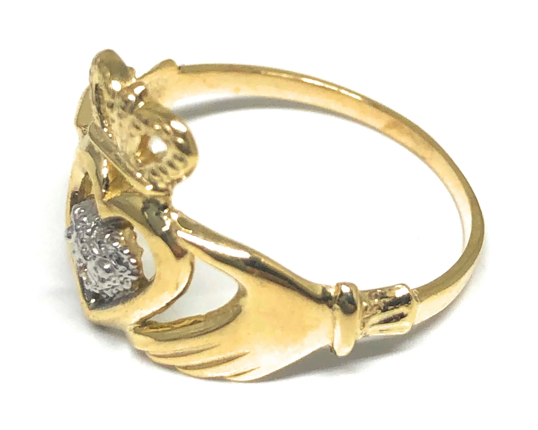 10k Solid Gold Yellow & White Gold Claddagh Crown Ring - Image 2