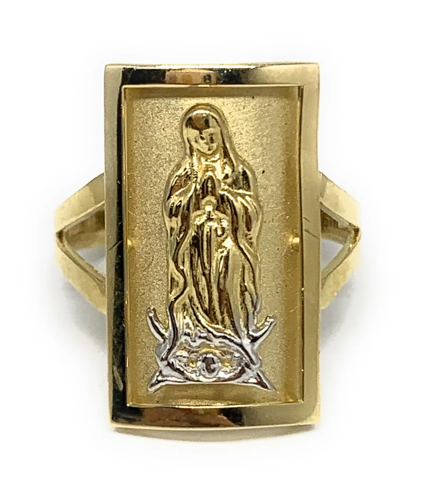 10k Solid Gold Yellow & White Gold Square Virrgin Mary Ring