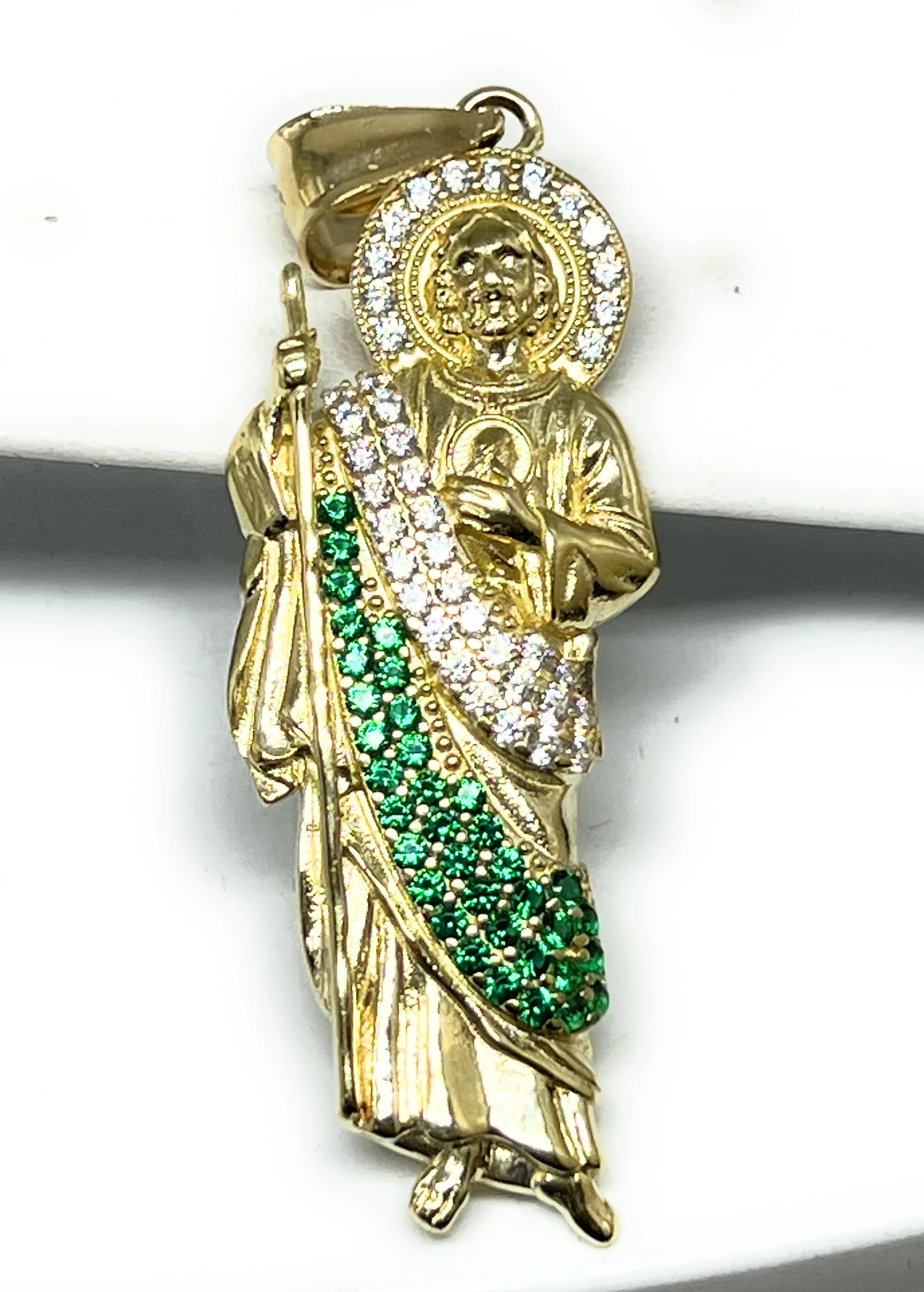 10k Solid Gold Yellow White & Green CZ Saan Judas Saaint Jude Pendant (LG, MED) - Image 10