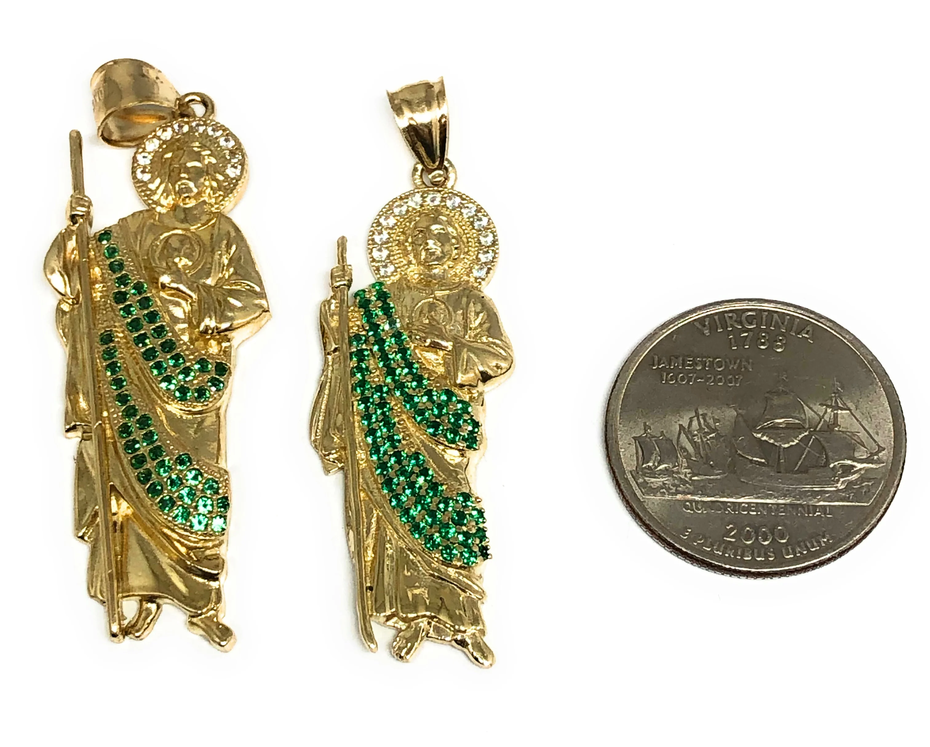 10k Solid Gold Yellow White & Green CZ Saan Judas Saaint Jude Pendant (LG, MED) - Image 2
