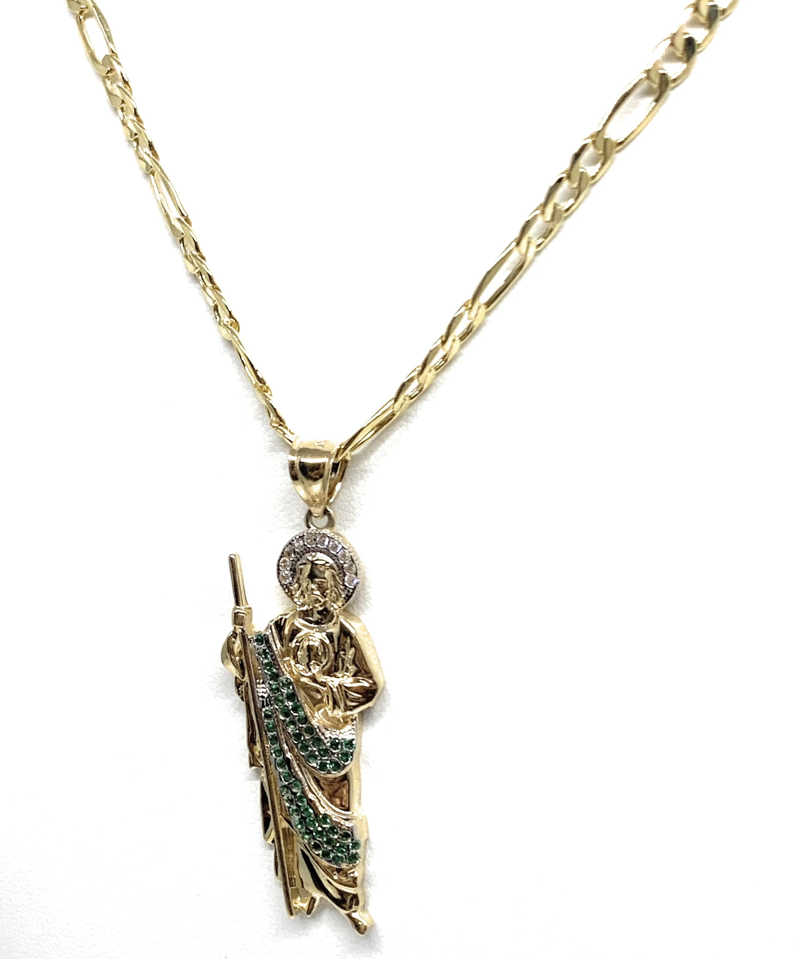 10k Solid Gold Yellow White & Green CZ Saan Judas Saaint Jude Pendant (LG, MED) - Image 7