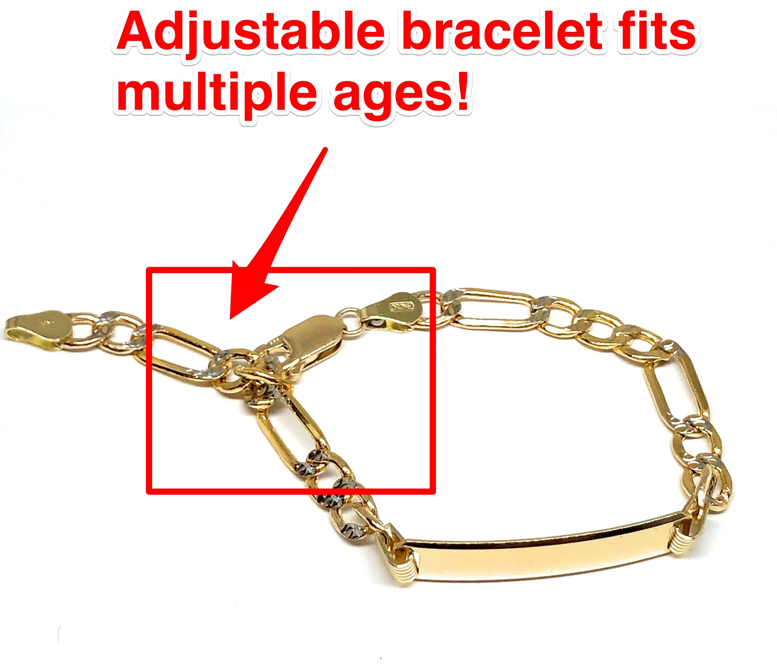 14k Solid Gold Kids 0-8 ID FIGARO Brracelet 6 inch length 3.5MM-4.25MM Width (Free Engraving, Email us name!) - Image 3
