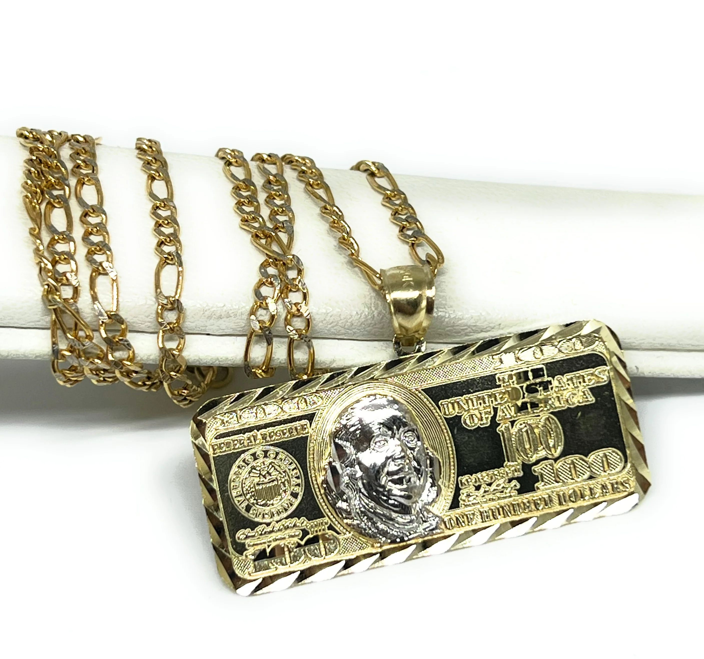 14k Solid Gold 2-Tone 100 Dollar Bill Pendant Necklace