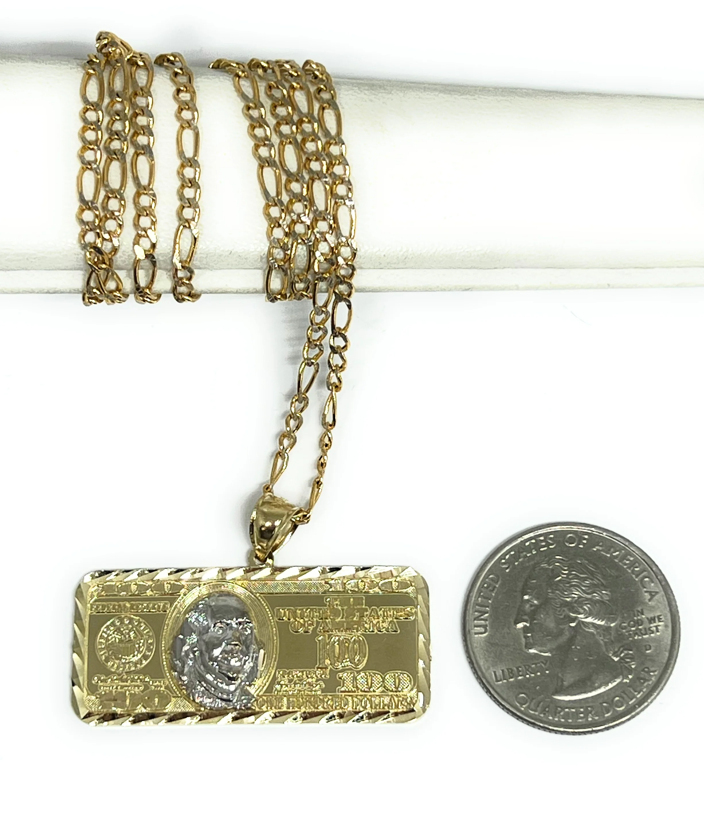 14k Solid Gold 2-Tone 100 Dollar Bill Pendant Necklace - Image 2