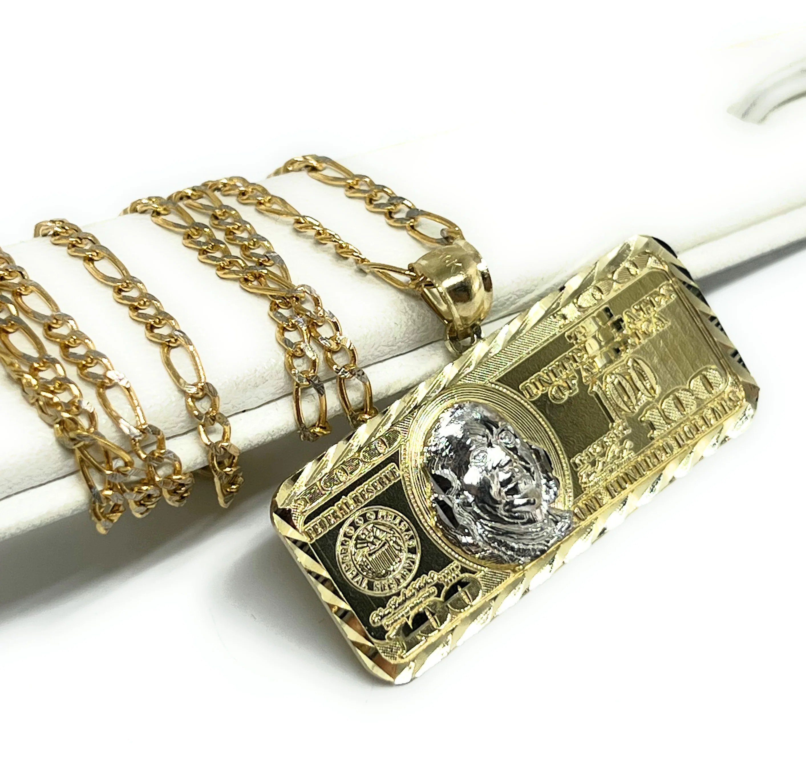 14k Solid Gold 2-Tone 100 Dollar Bill Pendant Necklace - Image 3