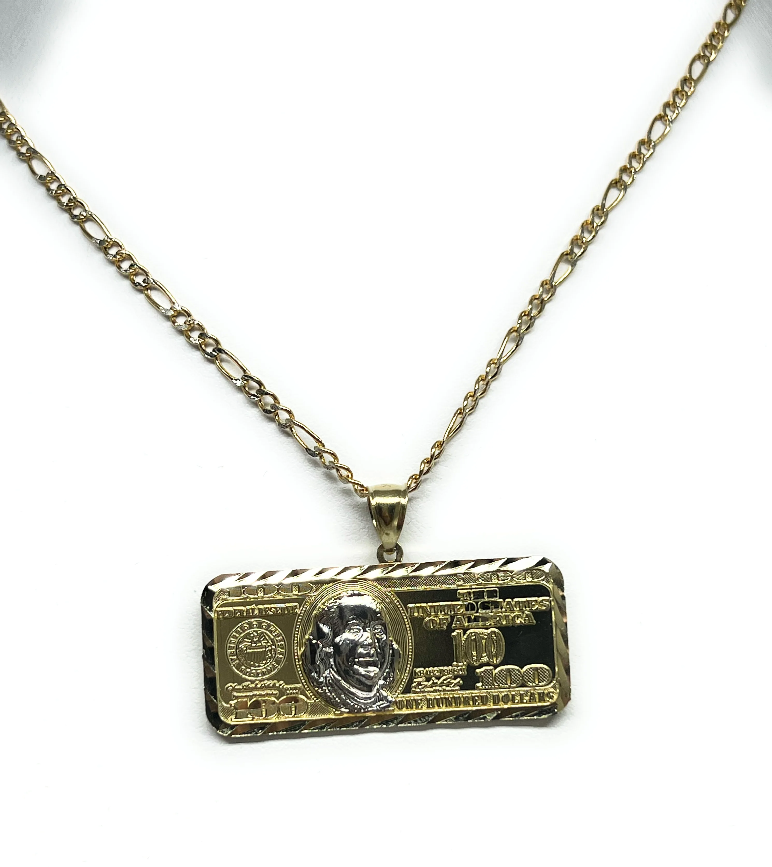 14k Solid Gold 2-Tone 100 Dollar Bill Pendant Necklace - Image 4
