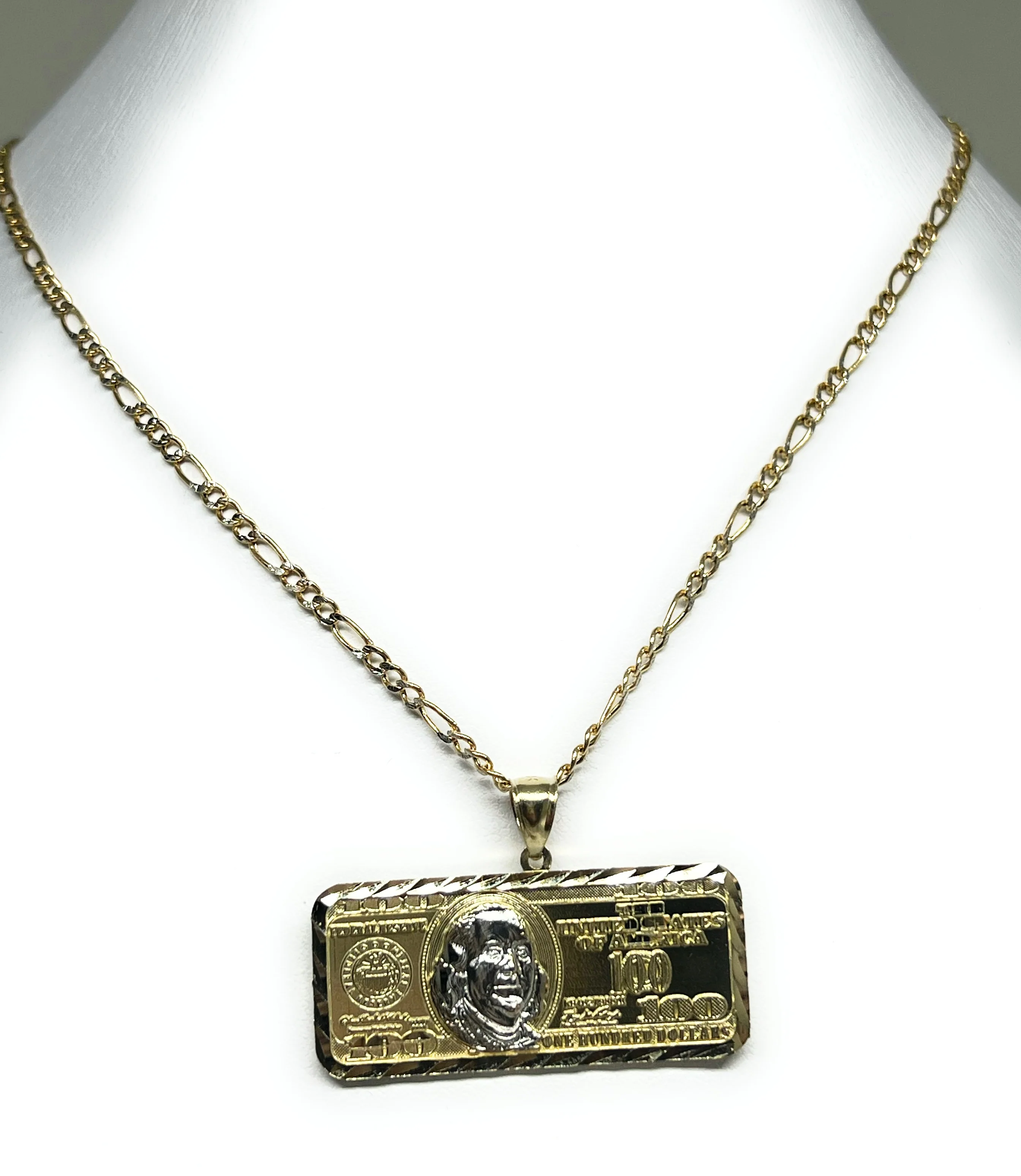14k Solid Gold 2-Tone 100 Dollar Bill Pendant Necklace - Image 5
