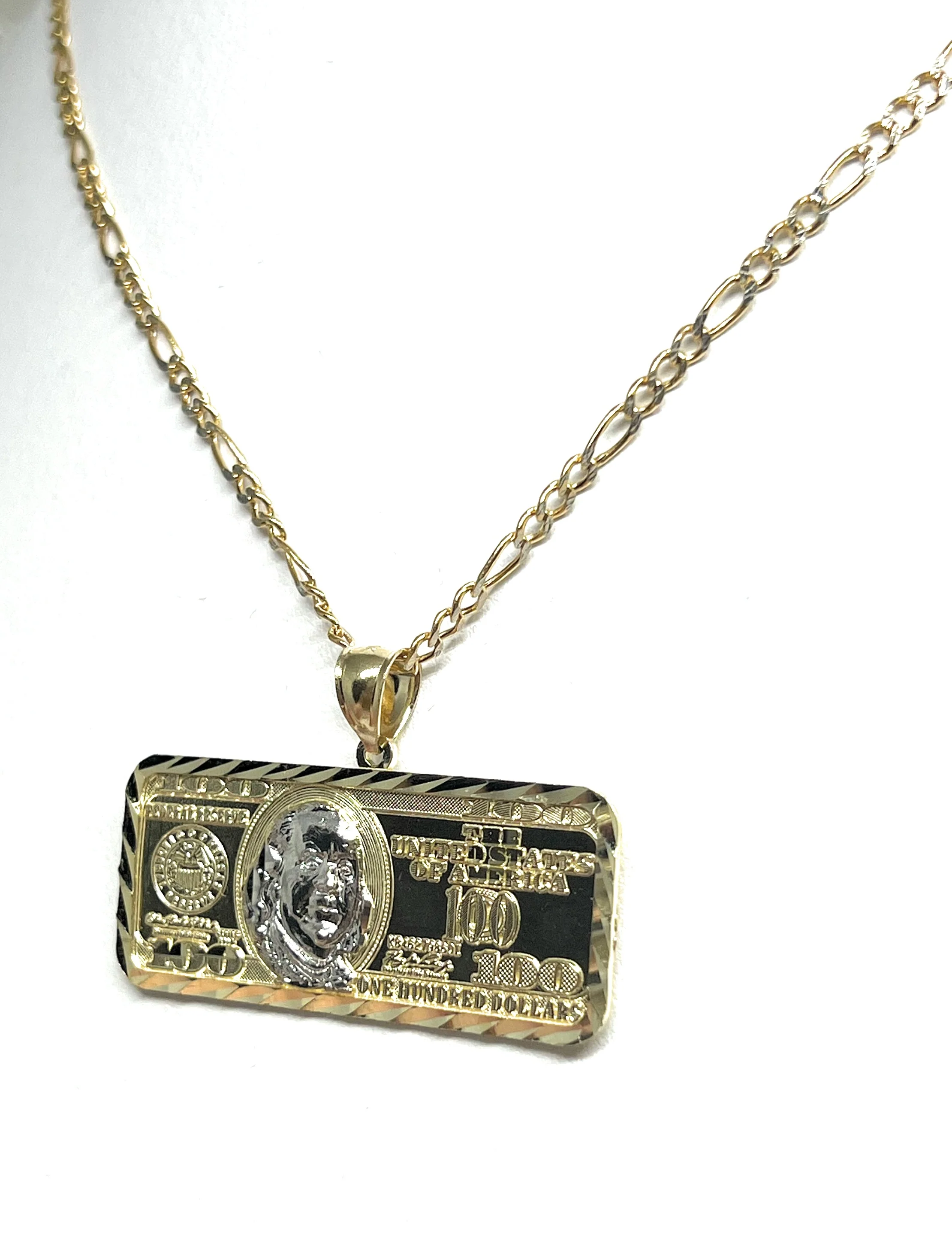 14k Solid Gold 2-Tone 100 Dollar Bill Pendant Necklace - Image 6