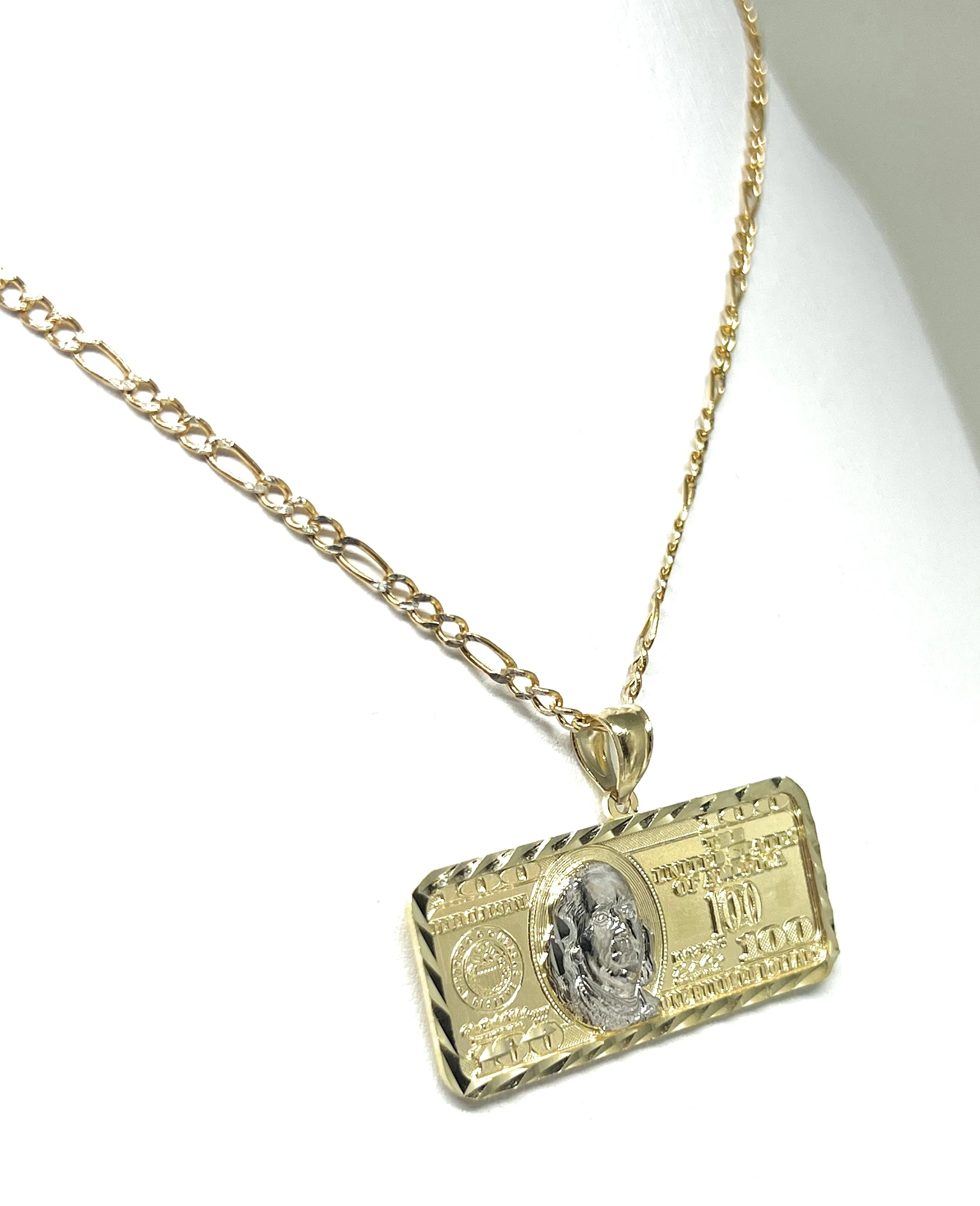14k Solid Gold 2-Tone 100 Dollar Bill Pendant Necklace - Image 7