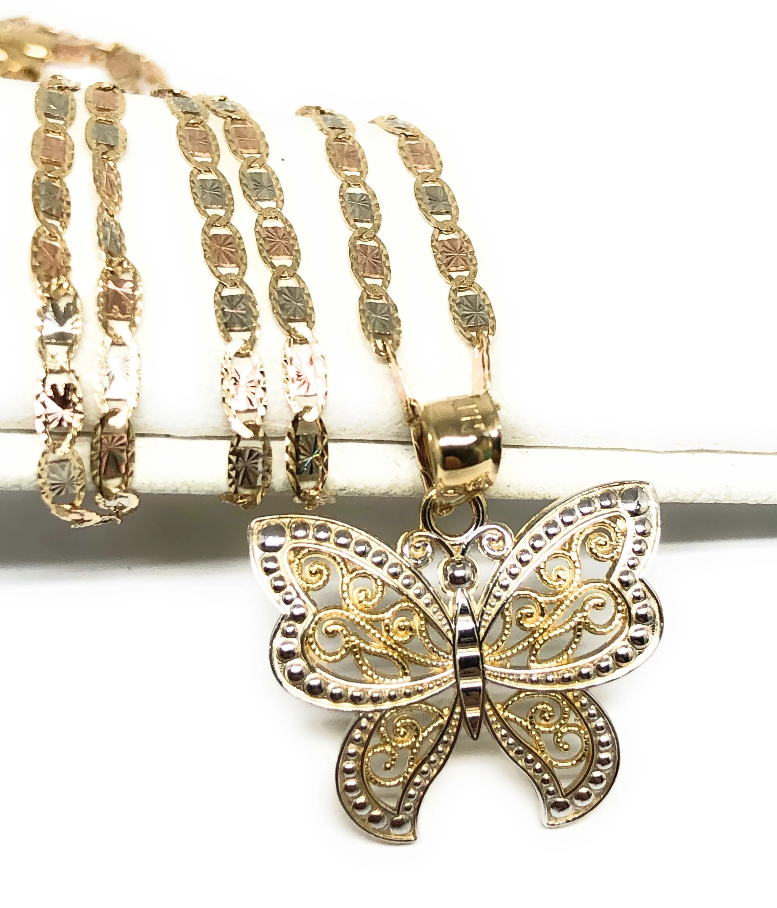 14k Solid Gold 2-Tone Butterfly Pendant Necklace Valentina Chain