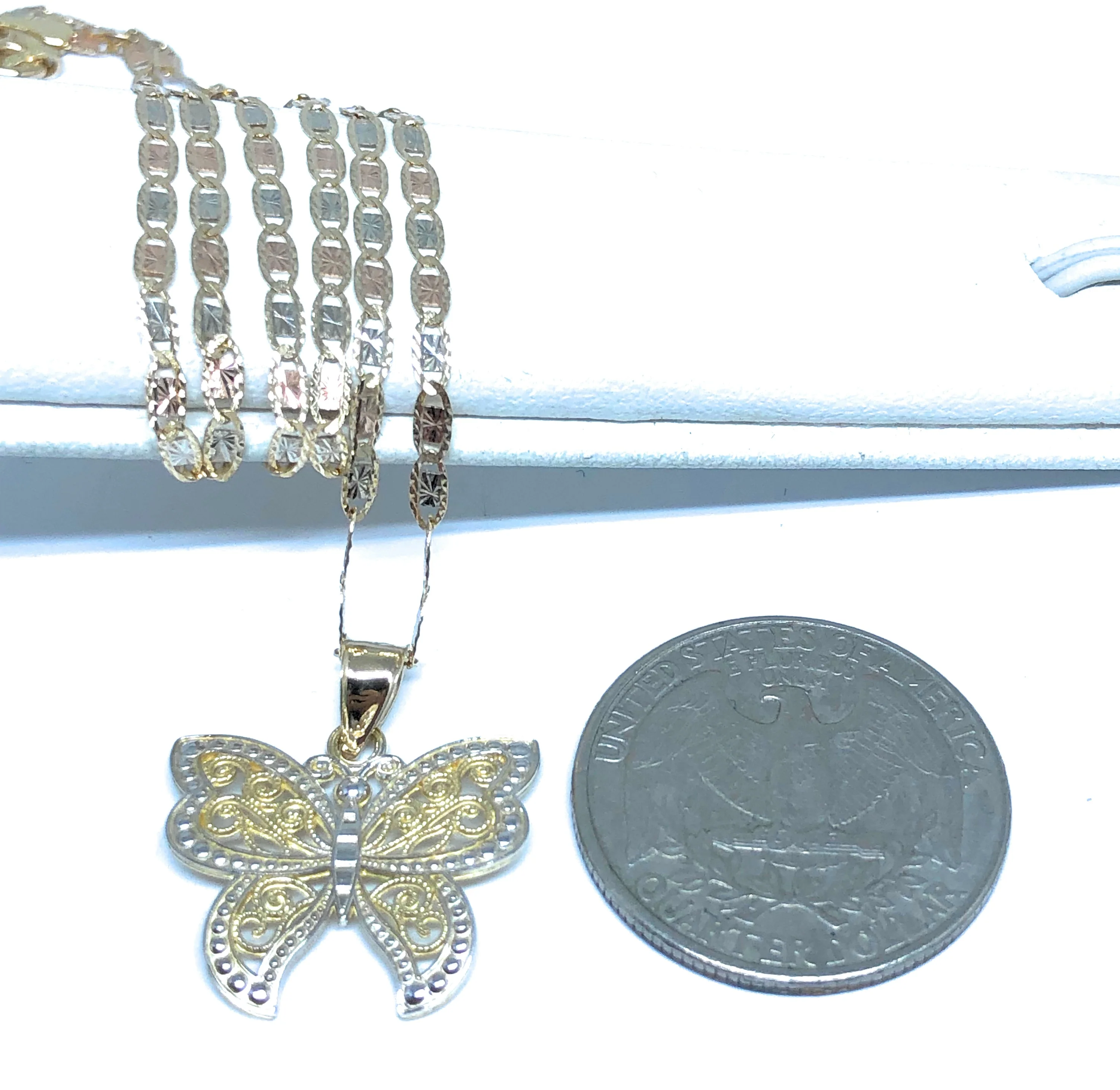 14k Solid Gold 2-Tone Butterfly Pendant Necklace Valentina Chain - Image 2