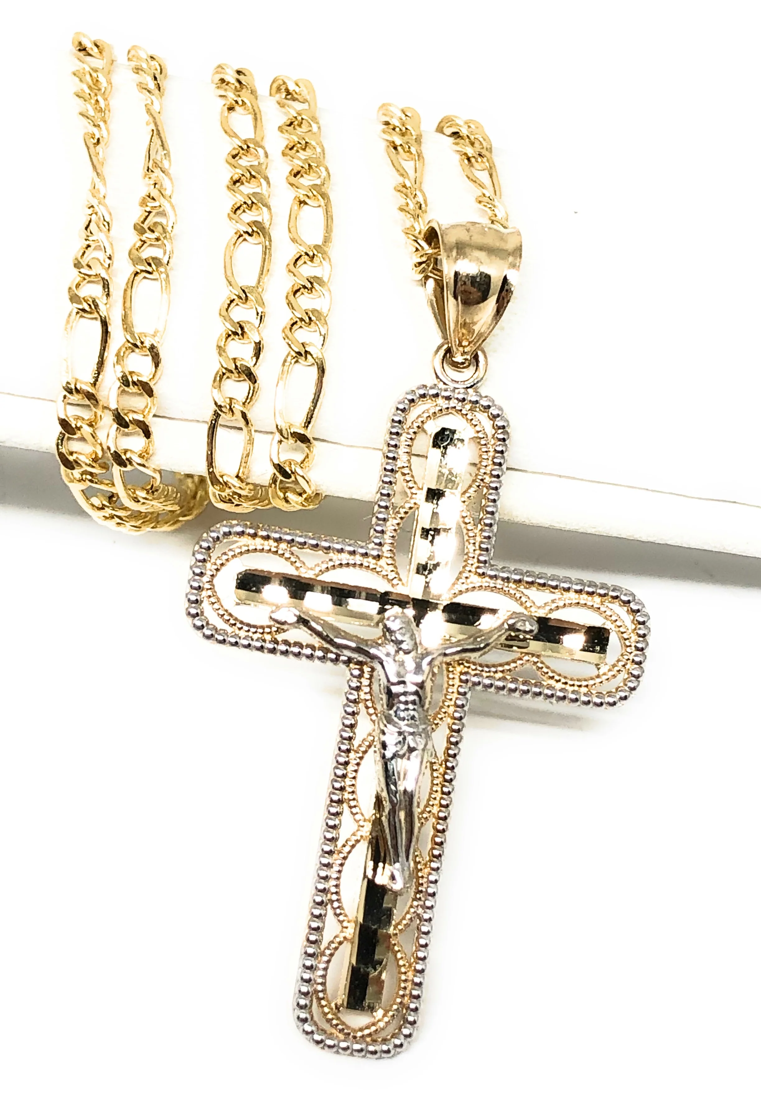 14k Solid Gold 2-Tone Classic Jesus Cross Pendant Necklace Crucifix With Figaro Chain - Image 2