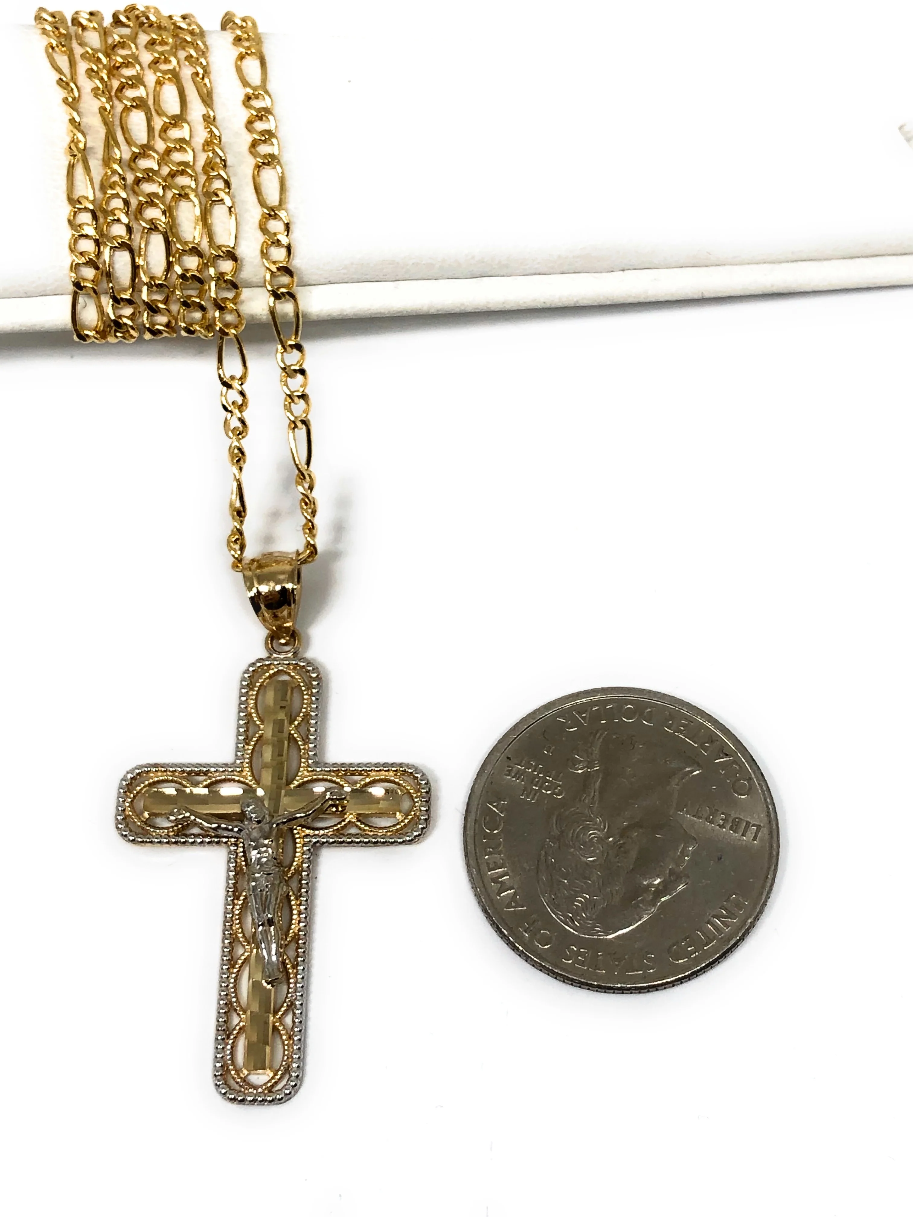 14k Solid Gold 2-Tone Classic Jesus Cross Pendant Necklace Crucifix With Figaro Chain - Image 3