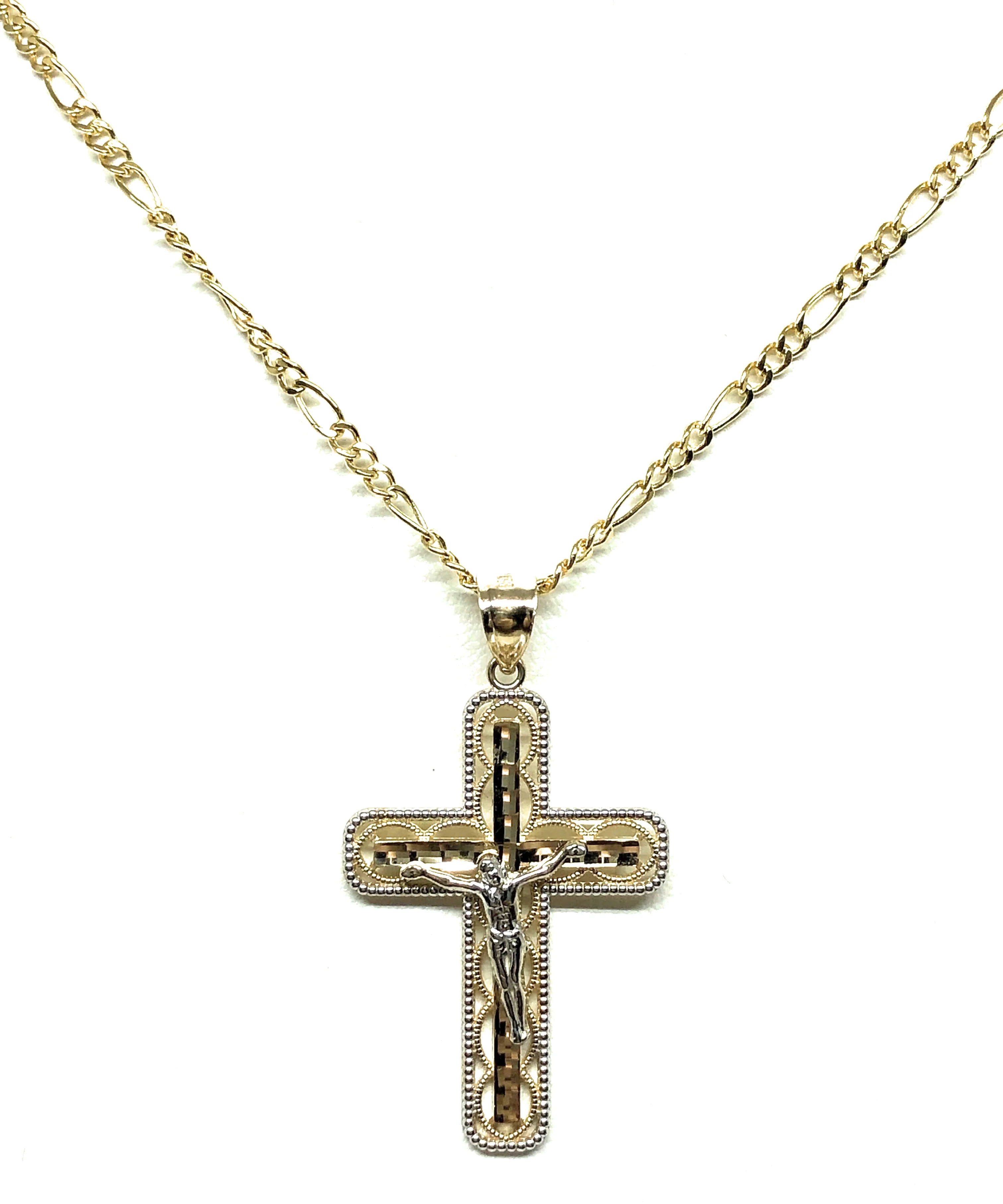14k Solid Gold 2-Tone Classic Jesus Cross Pendant Necklace Crucifix With Figaro Chain - Image 4