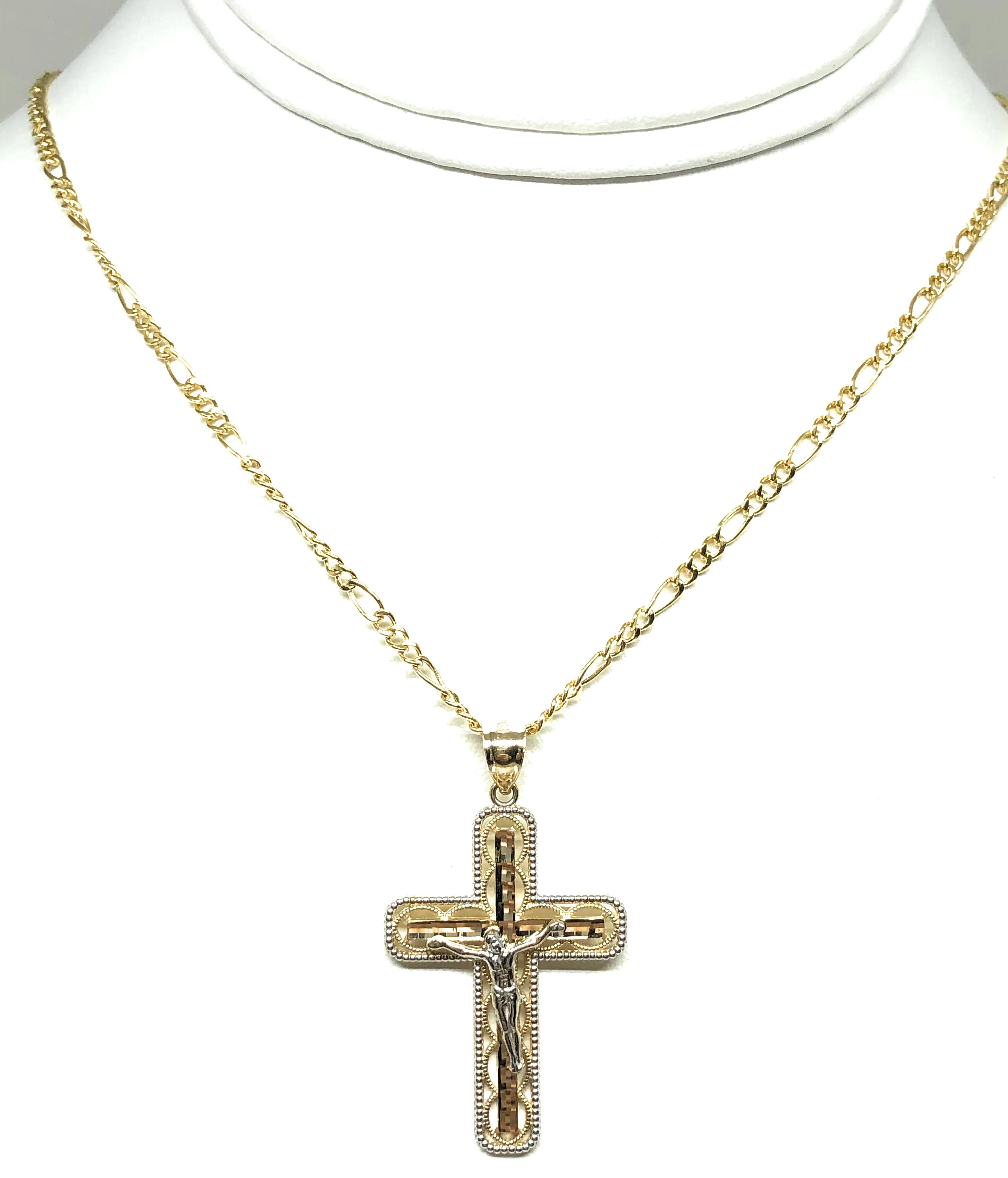 14k Solid Gold 2-Tone Classic Jesus Cross Pendant Necklace Crucifix With Figaro Chain - Image 5