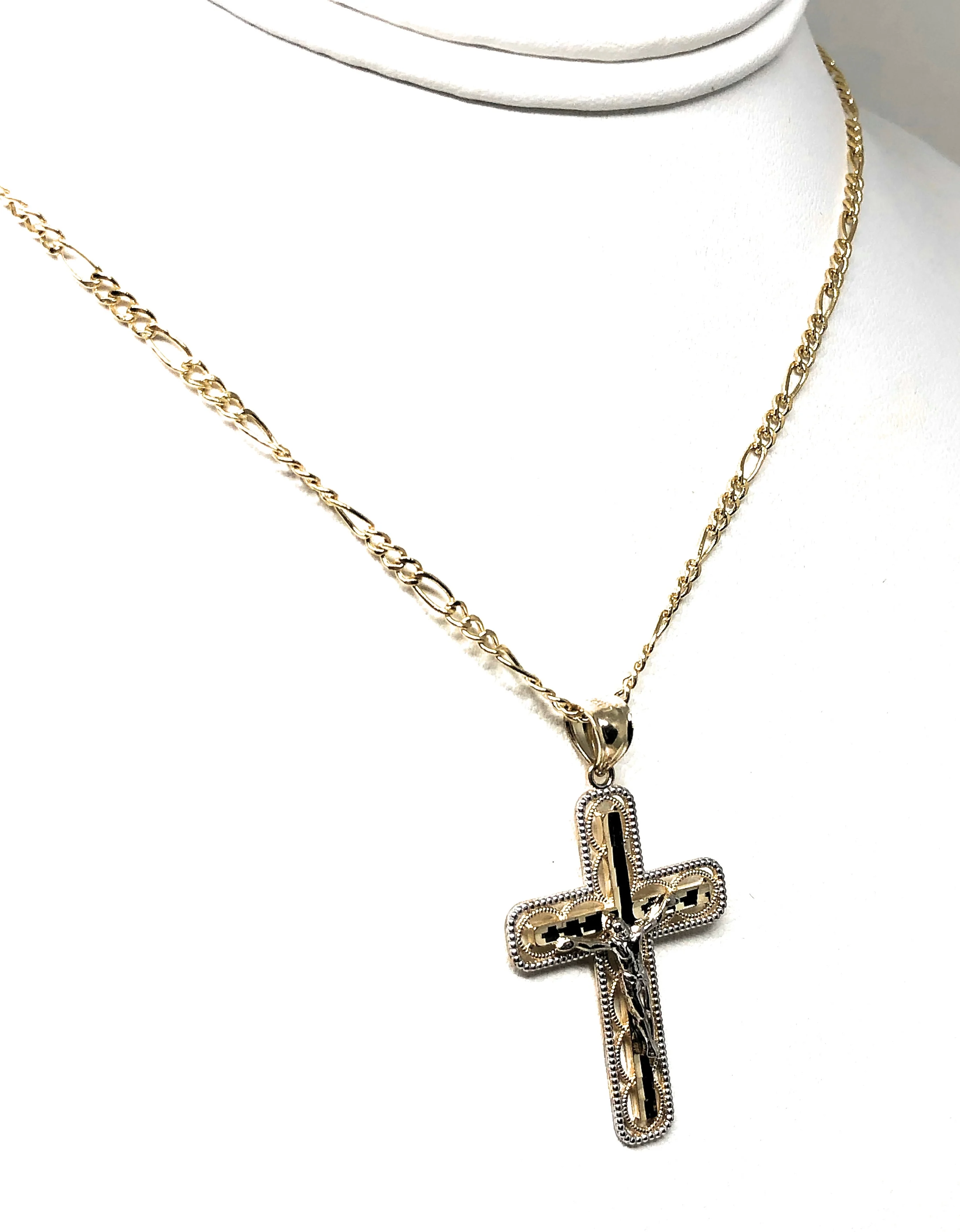 14k Solid Gold 2-Tone Classic Jesus Cross Pendant Necklace Crucifix With Figaro Chain - Image 6