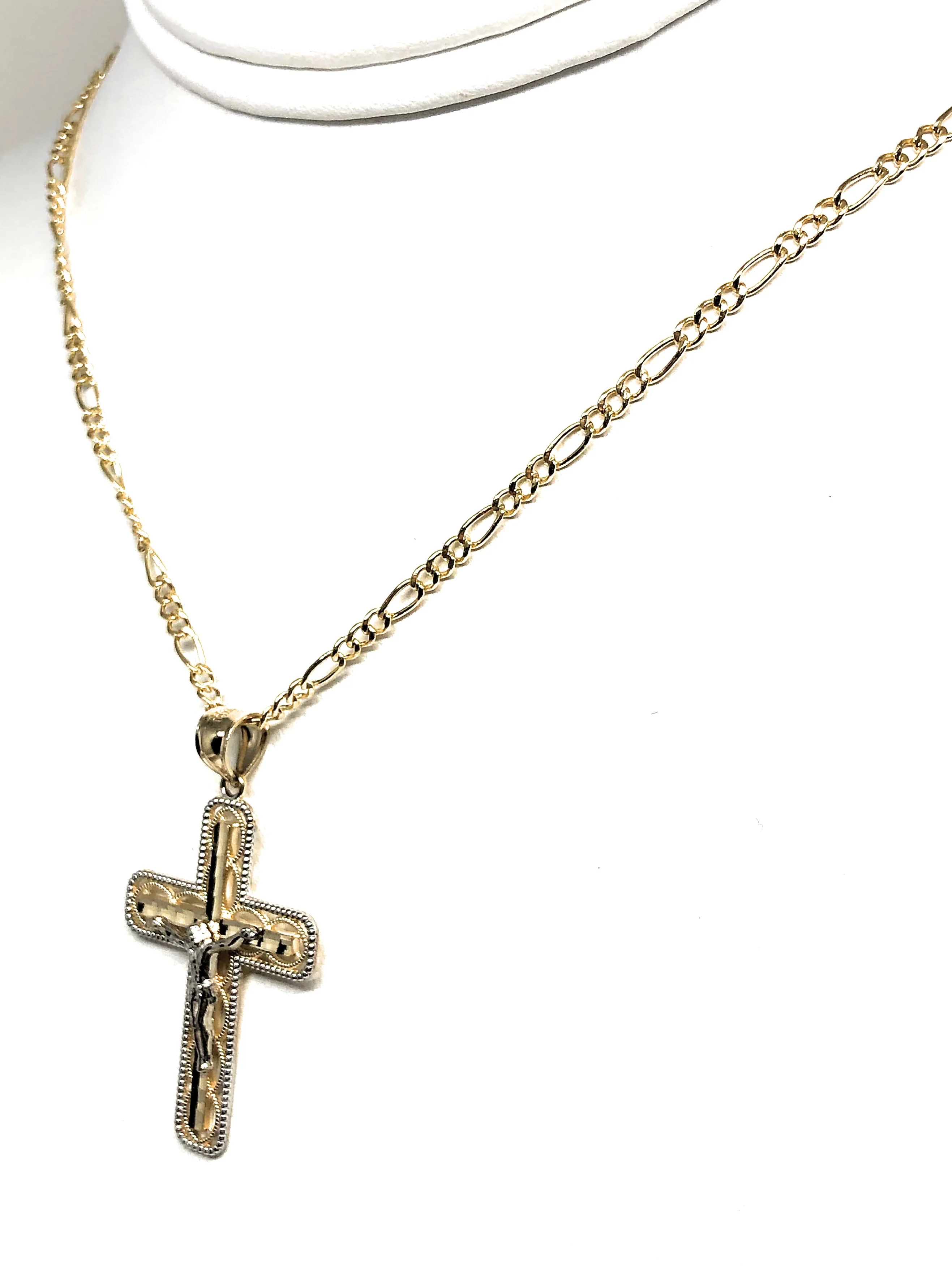 14k Solid Gold 2-Tone Classic Jesus Cross Pendant Necklace Crucifix With Figaro Chain - Image 7