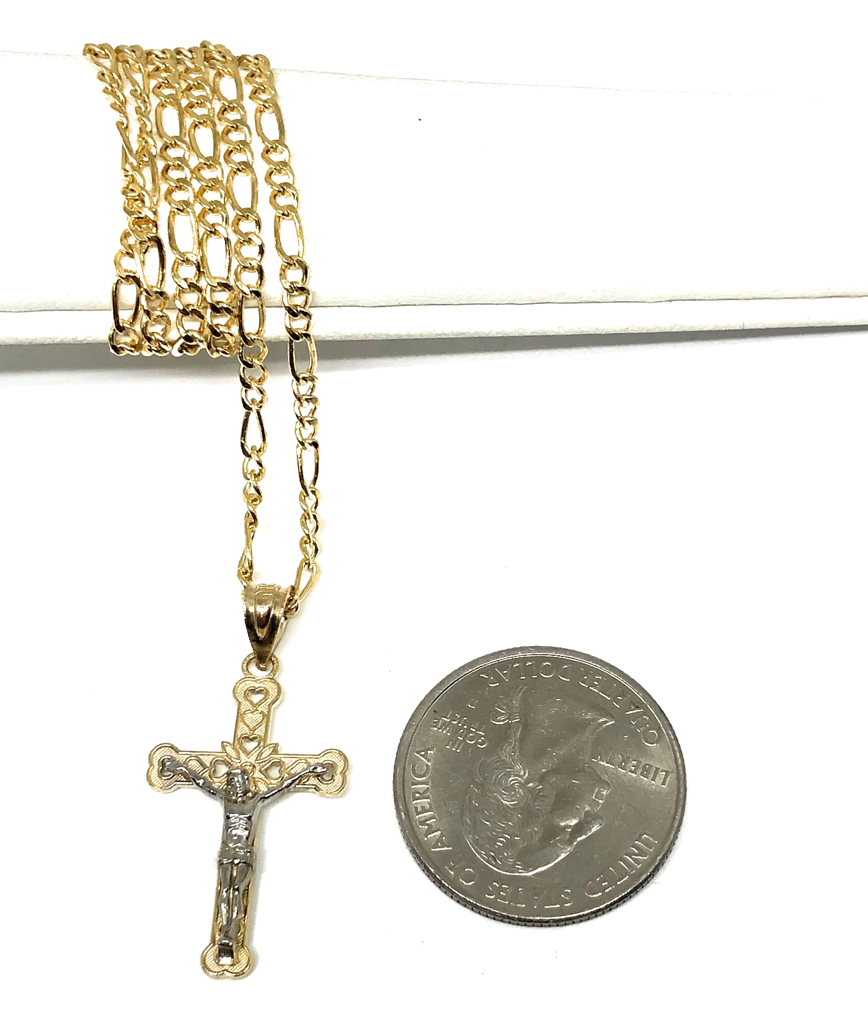 14k Solid Gold 2-Tone Classic Jesus Cross Pendant Necklace Crucifix With Figaro Chain - Image 2