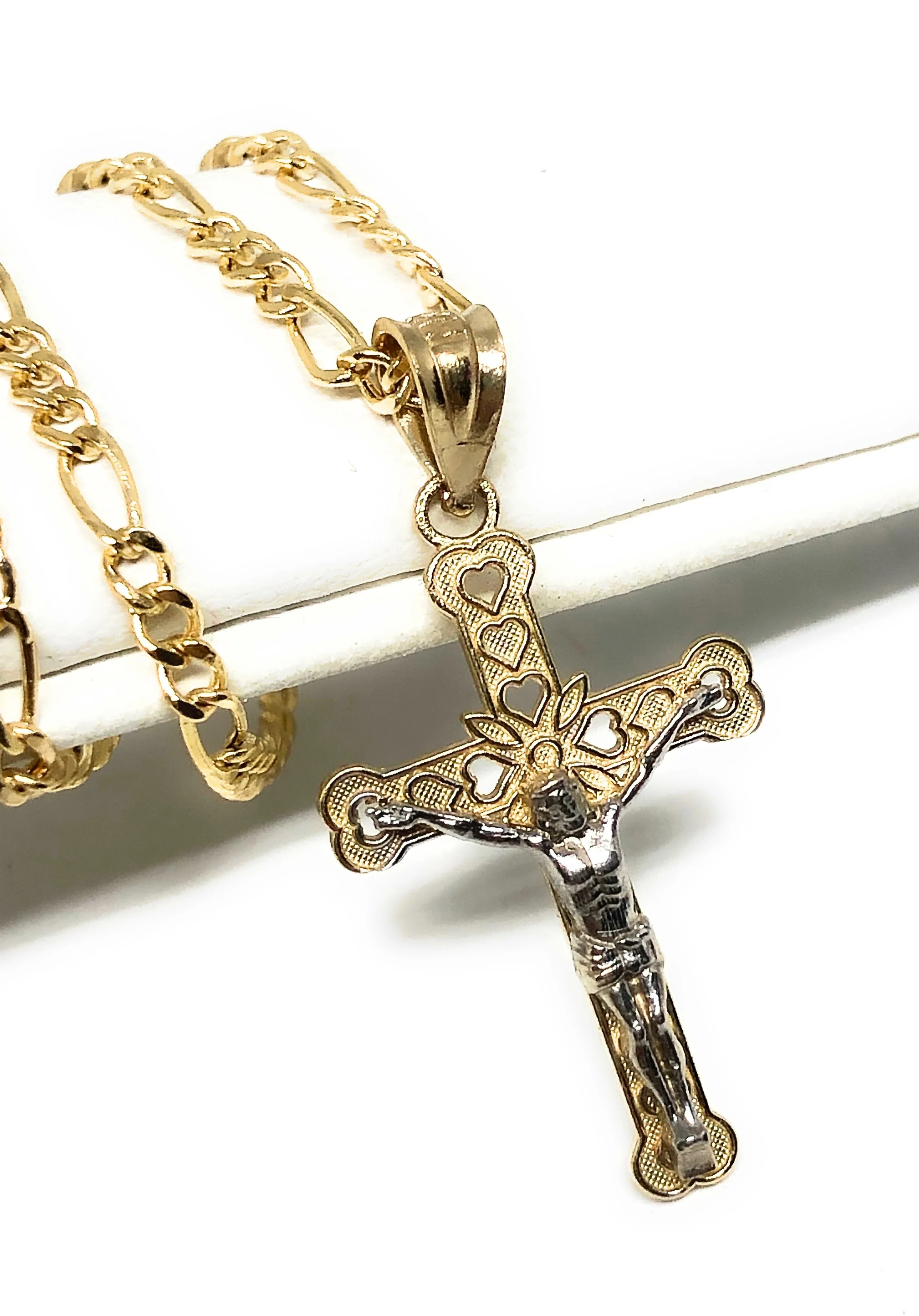 14k Solid Gold 2-Tone Classic Jesus Cross Pendant Necklace Crucifix With Figaro Chain - Image 3