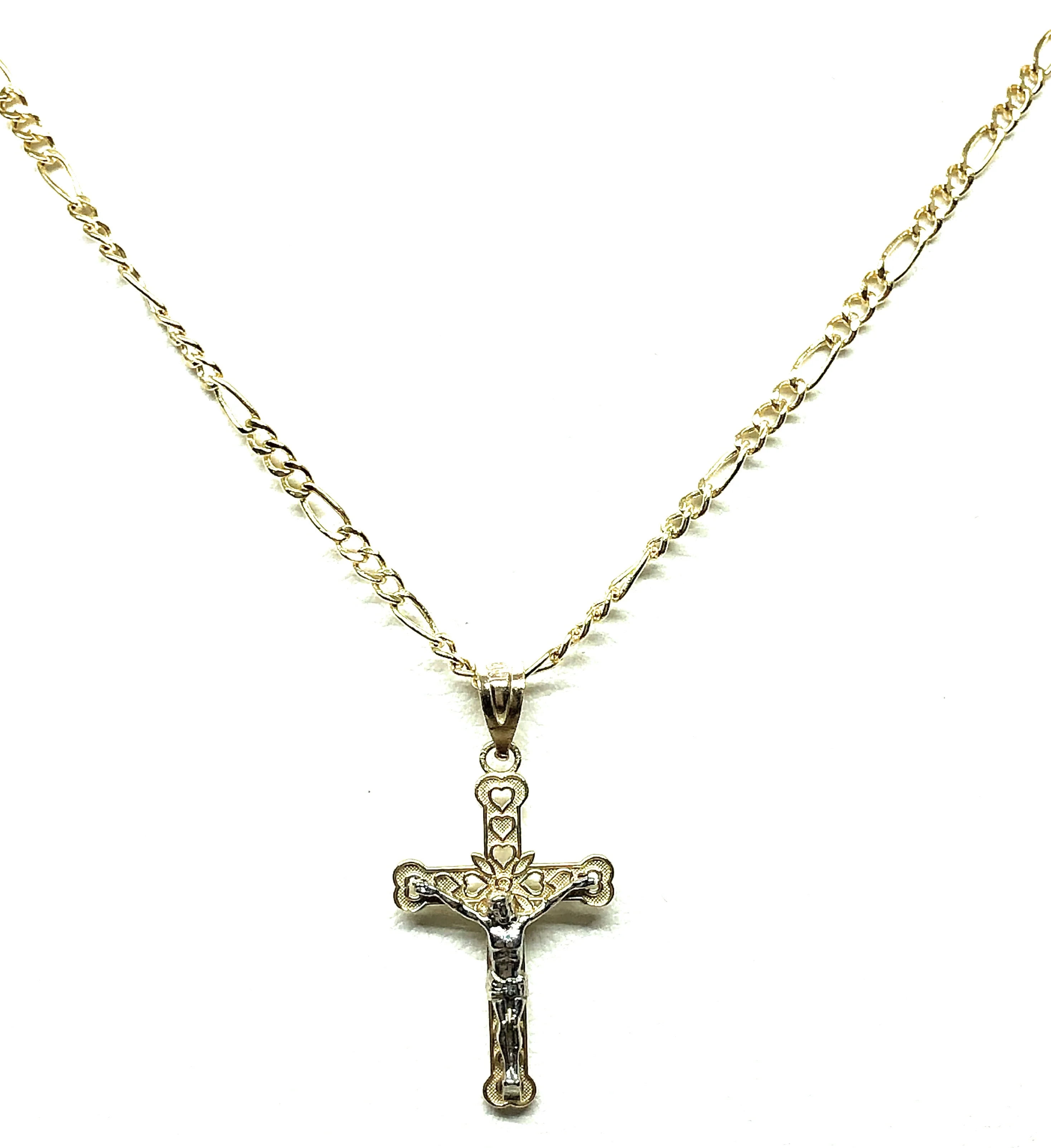14k Solid Gold 2-Tone Classic Jesus Cross Pendant Necklace Crucifix With Figaro Chain - Image 4