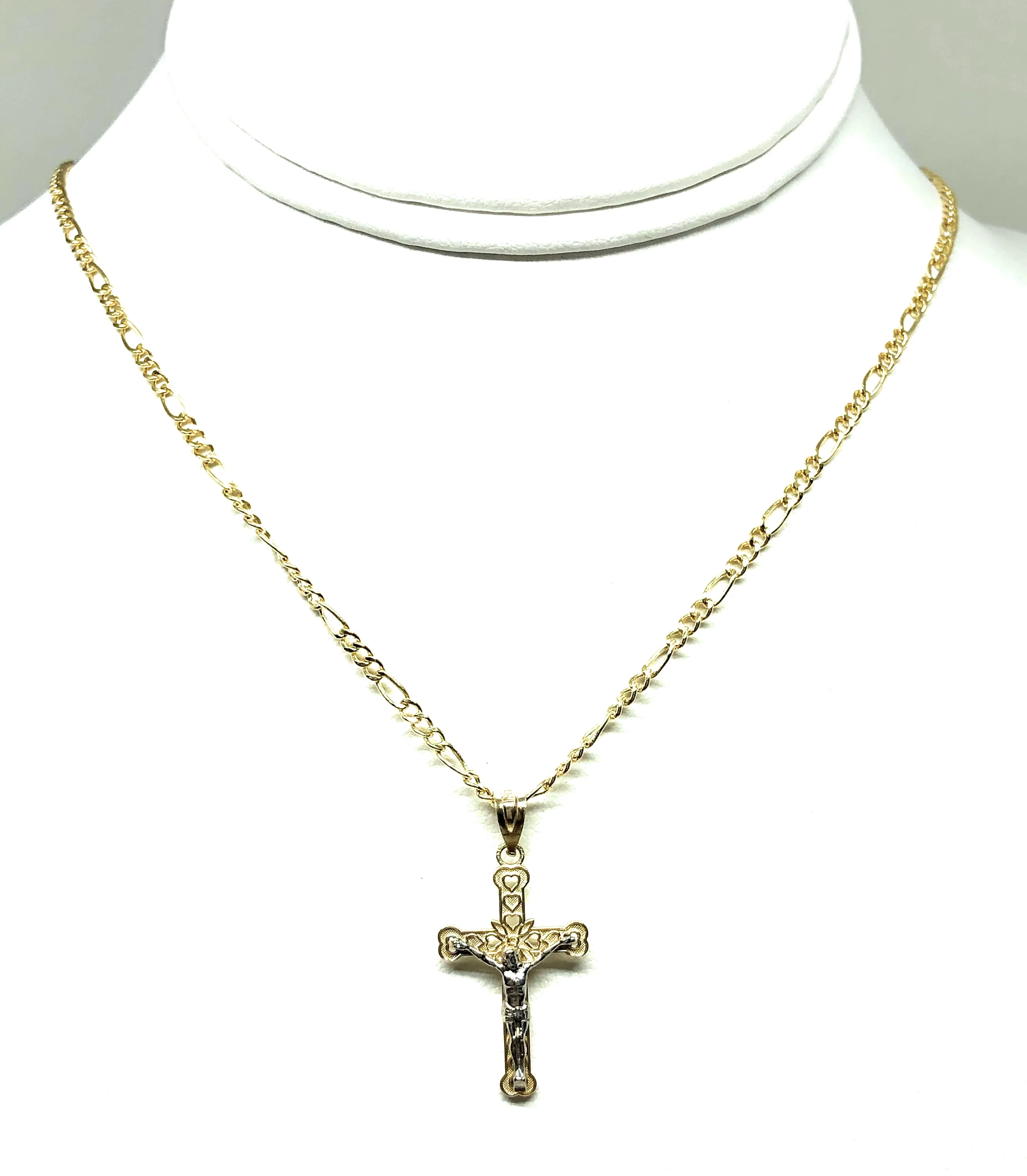 14k Solid Gold 2-Tone Classic Jesus Cross Pendant Necklace Crucifix With Figaro Chain - Image 5
