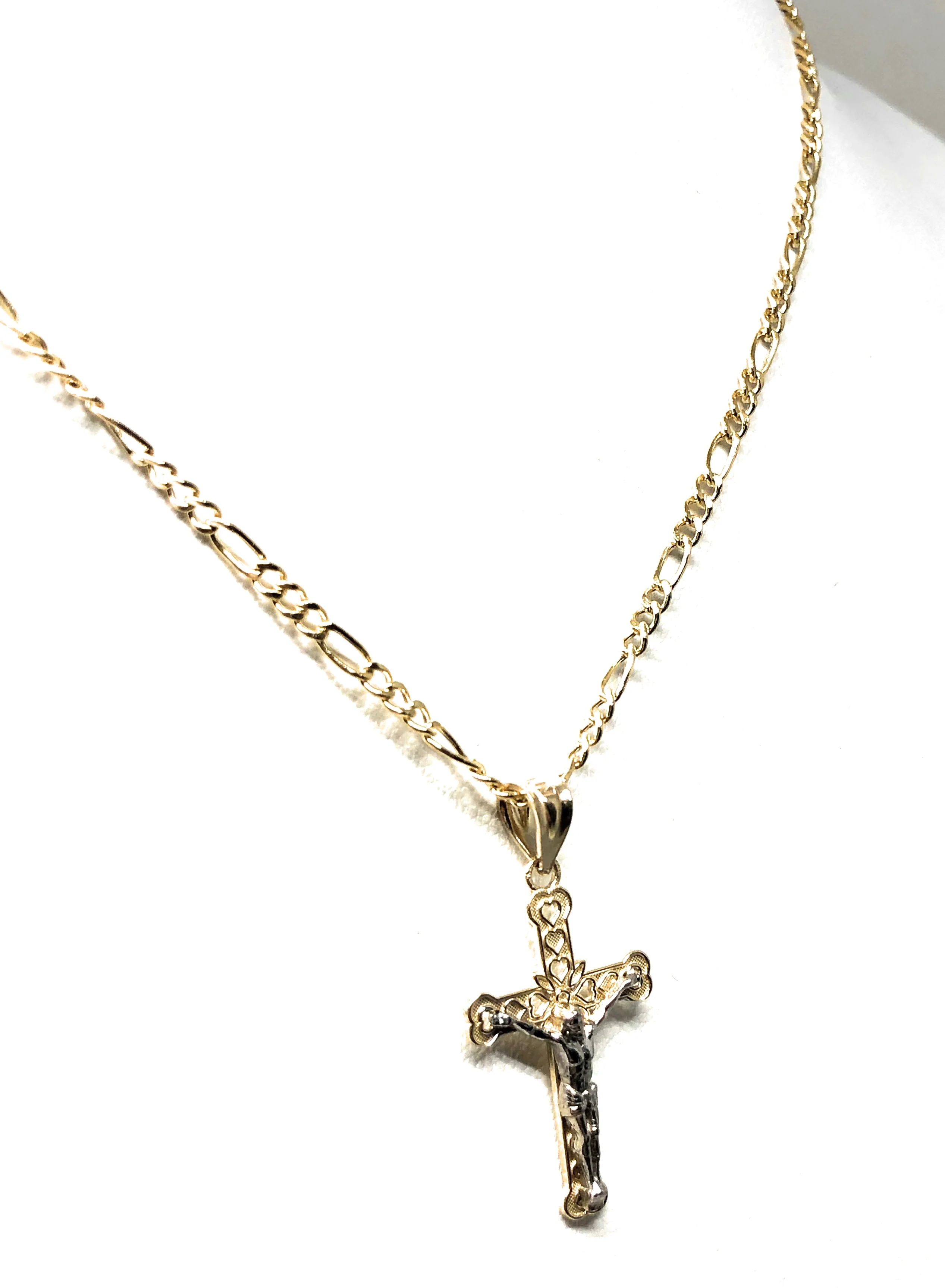14k Solid Gold 2-Tone Classic Jesus Cross Pendant Necklace Crucifix With Figaro Chain - Image 6