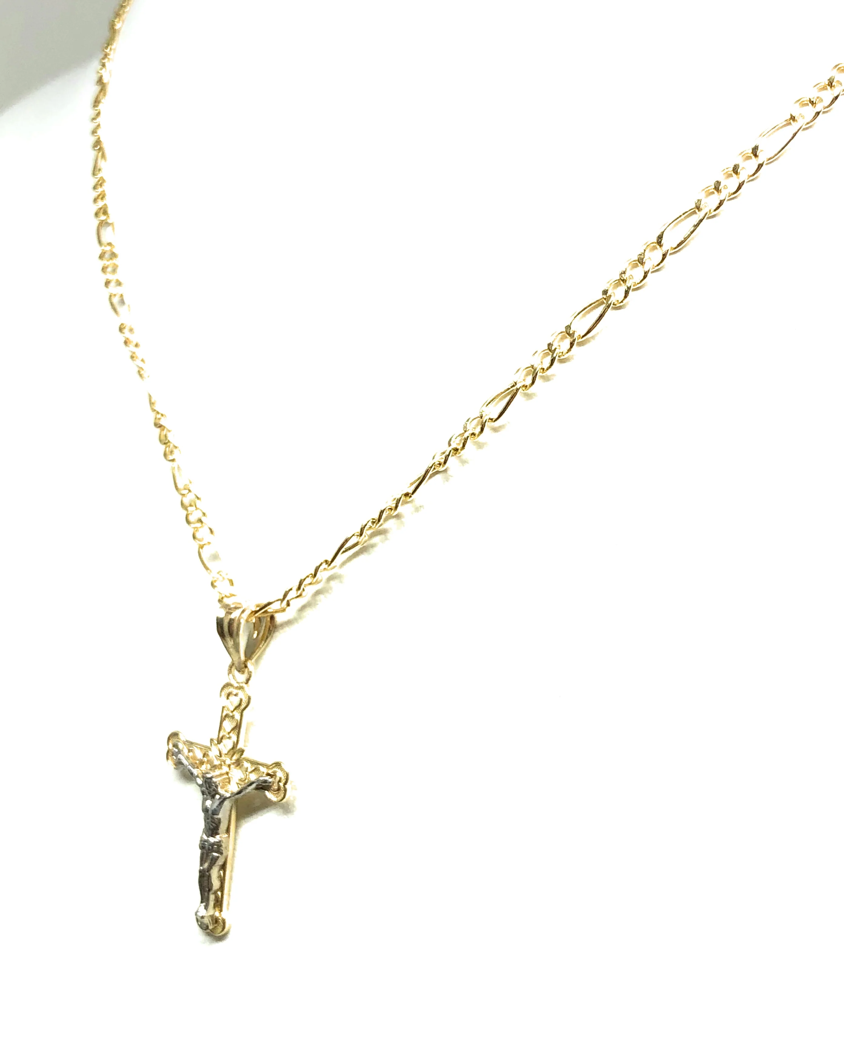 14k Solid Gold 2-Tone Classic Jesus Cross Pendant Necklace Crucifix With Figaro Chain - Image 7