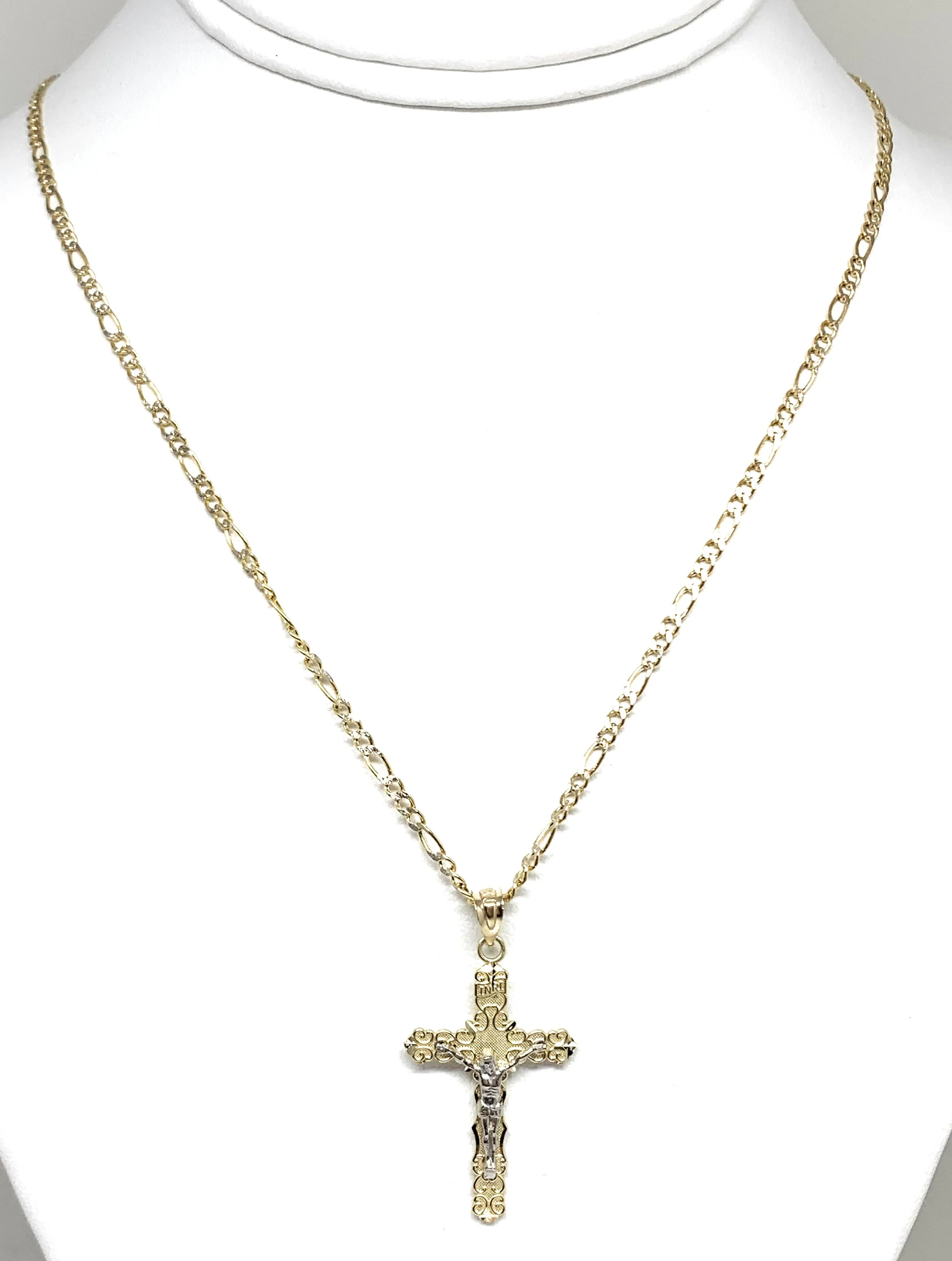 14k Solid Gold 2-Tone Classic Jesus Cross Pendant Necklace Crucifix With Figaro Chain - Image 2