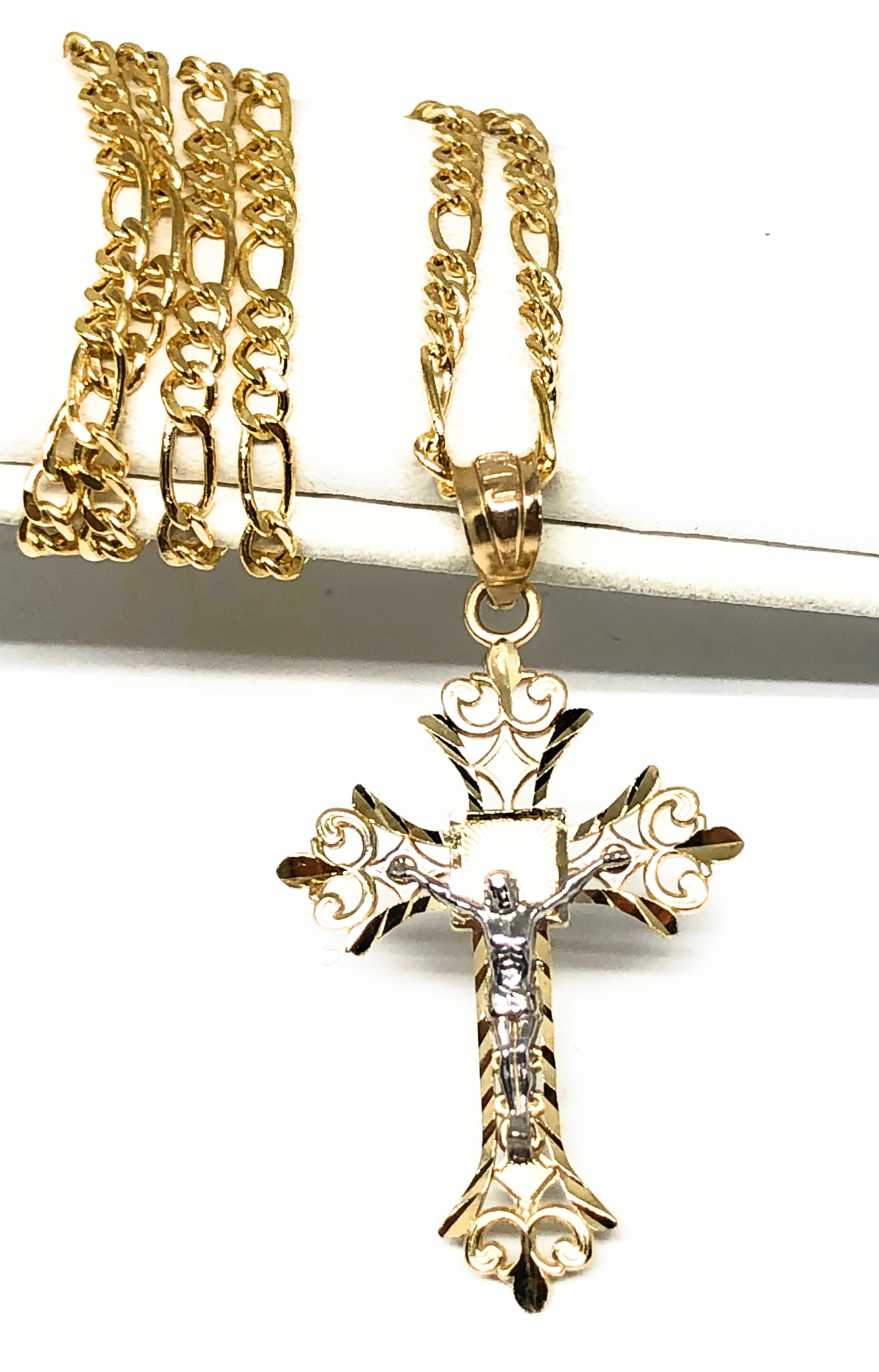14k Solid Gold 2-Tone Classic Jesus Cross Pendant Necklace Crucifix With Figaro Chain (MED, LG)