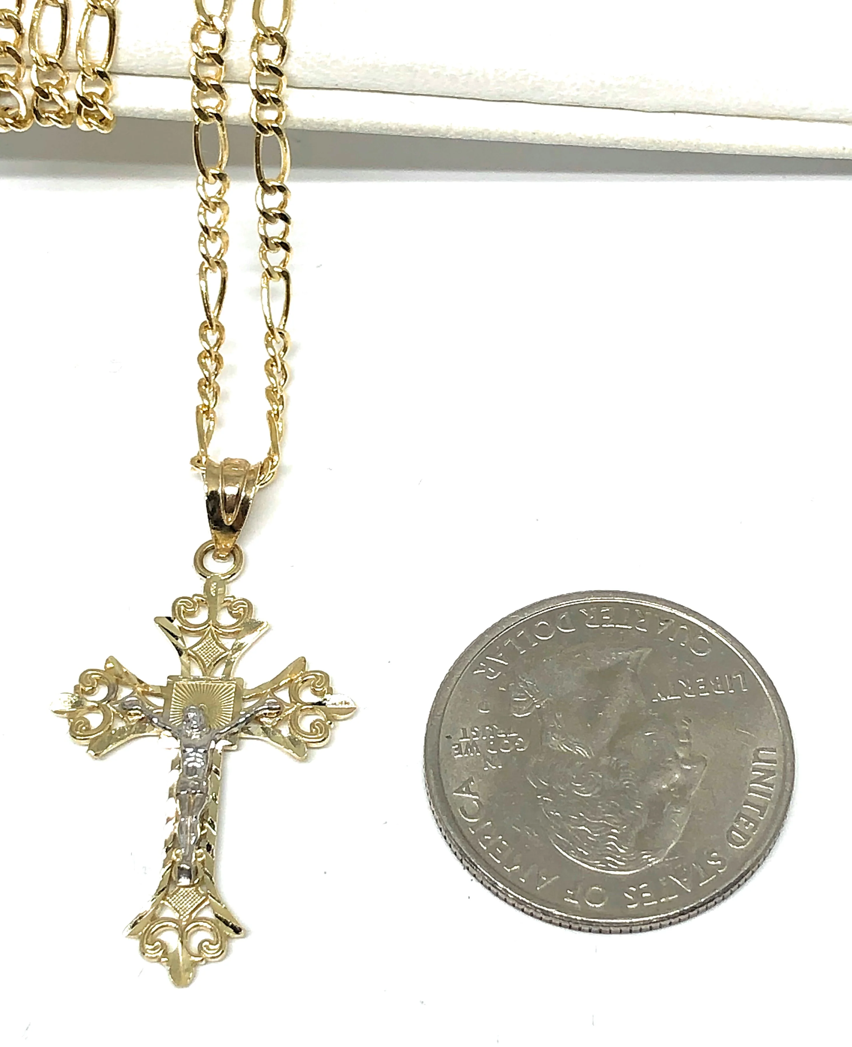 14k Solid Gold 2-Tone Classic Jesus Cross Pendant Necklace Crucifix With Figaro Chain (MED, LG) - Image 2