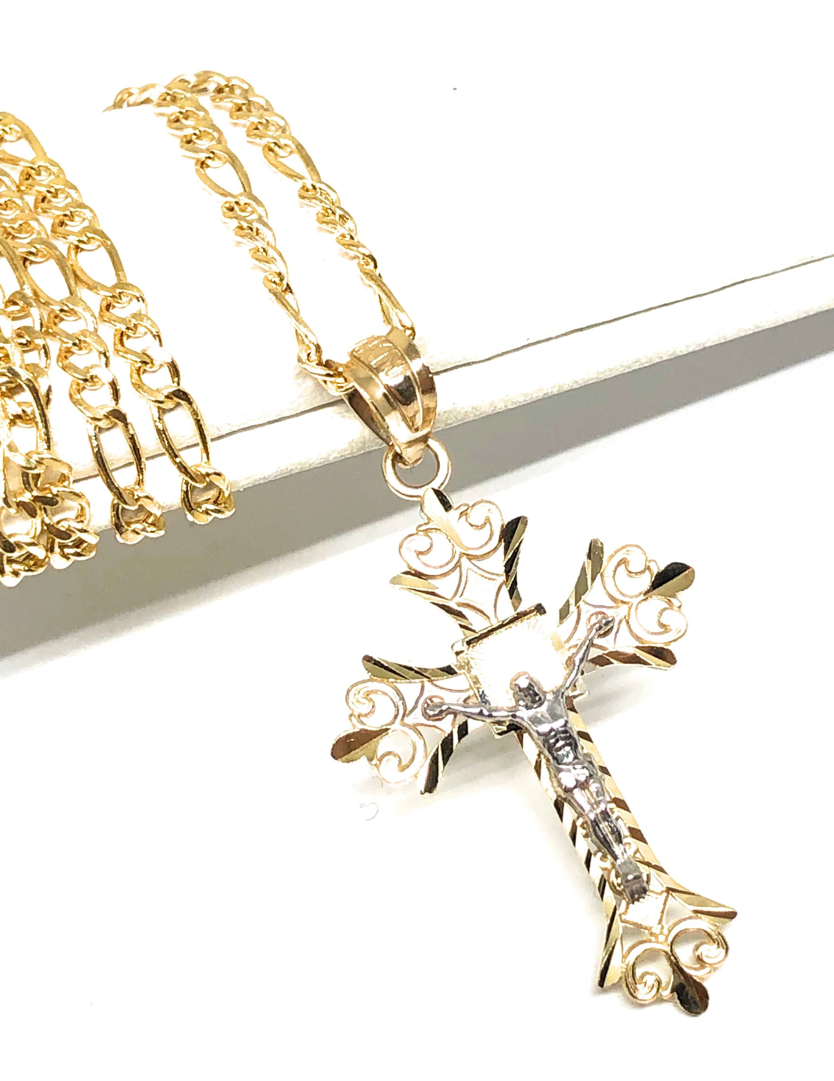 14k Solid Gold 2-Tone Classic Jesus Cross Pendant Necklace Crucifix With Figaro Chain (MED, LG) - Image 3