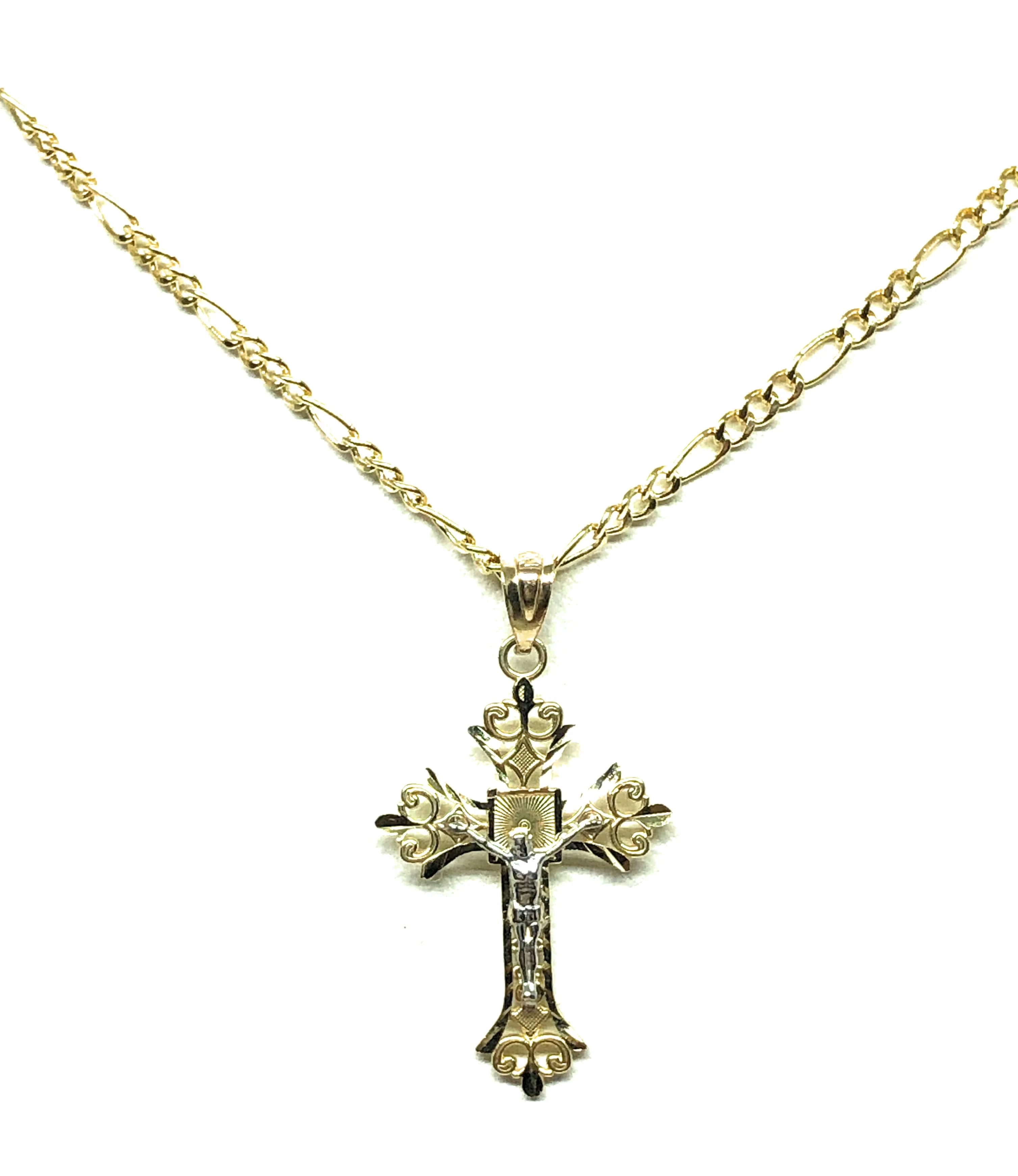14k Solid Gold 2-Tone Classic Jesus Cross Pendant Necklace Crucifix With Figaro Chain (MED, LG) - Image 4