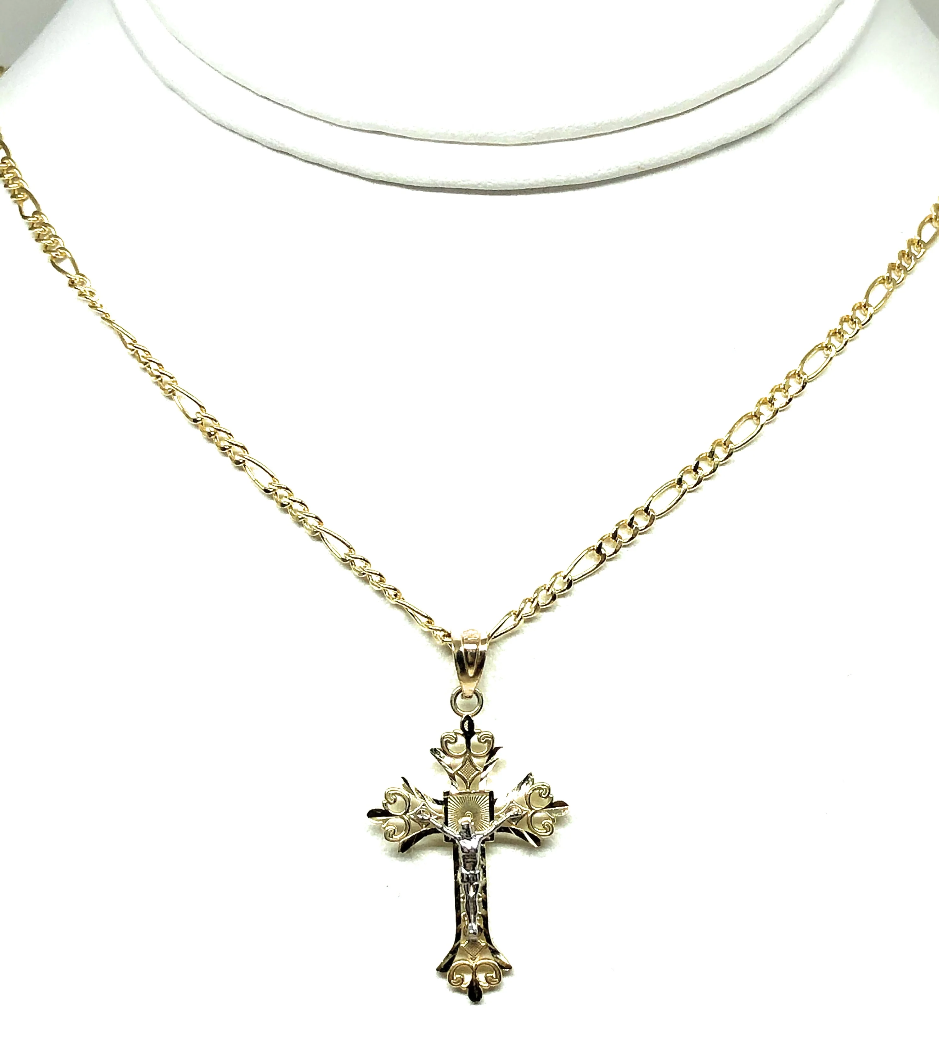14k Solid Gold 2-Tone Classic Jesus Cross Pendant Necklace Crucifix With Figaro Chain (MED, LG) - Image 5