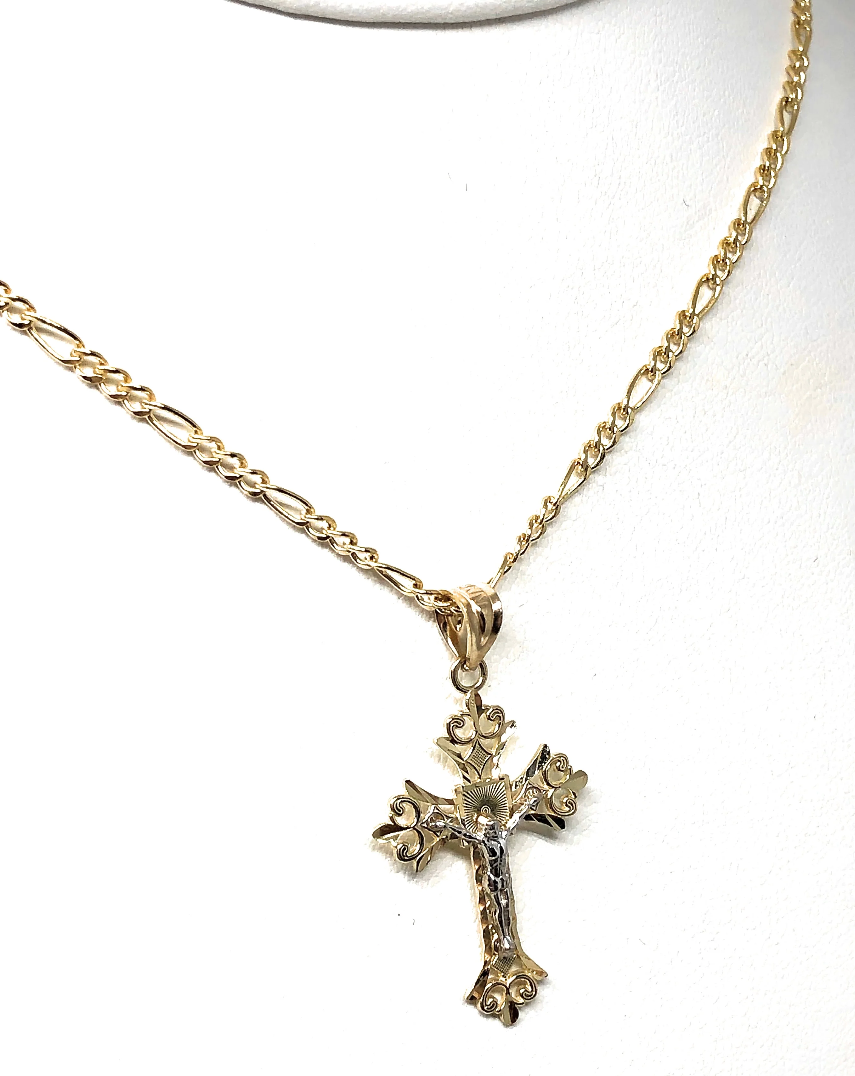 14k Solid Gold 2-Tone Classic Jesus Cross Pendant Necklace Crucifix With Figaro Chain (MED, LG) - Image 6