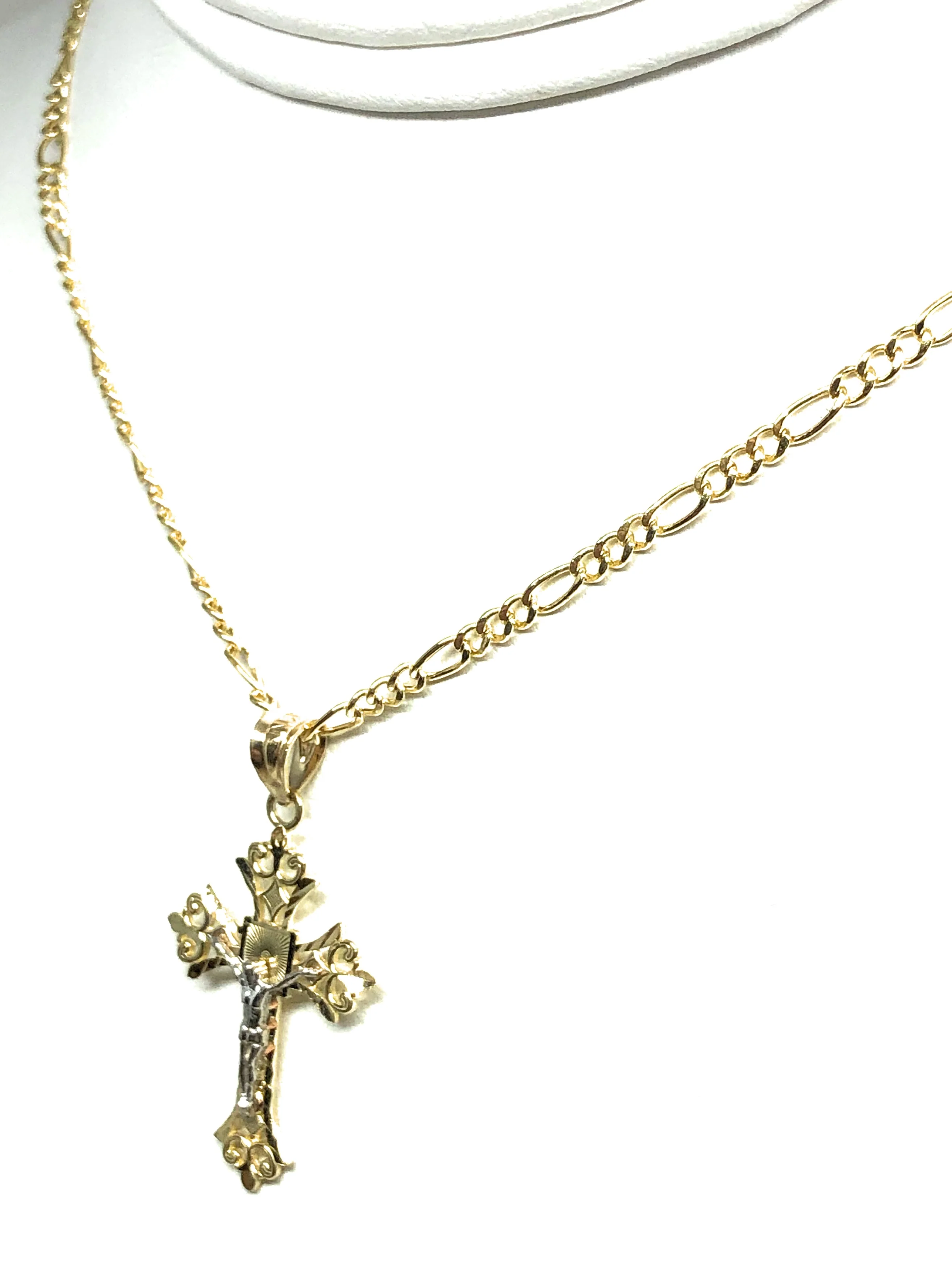 14k Solid Gold 2-Tone Classic Jesus Cross Pendant Necklace Crucifix With Figaro Chain (MED, LG) - Image 7
