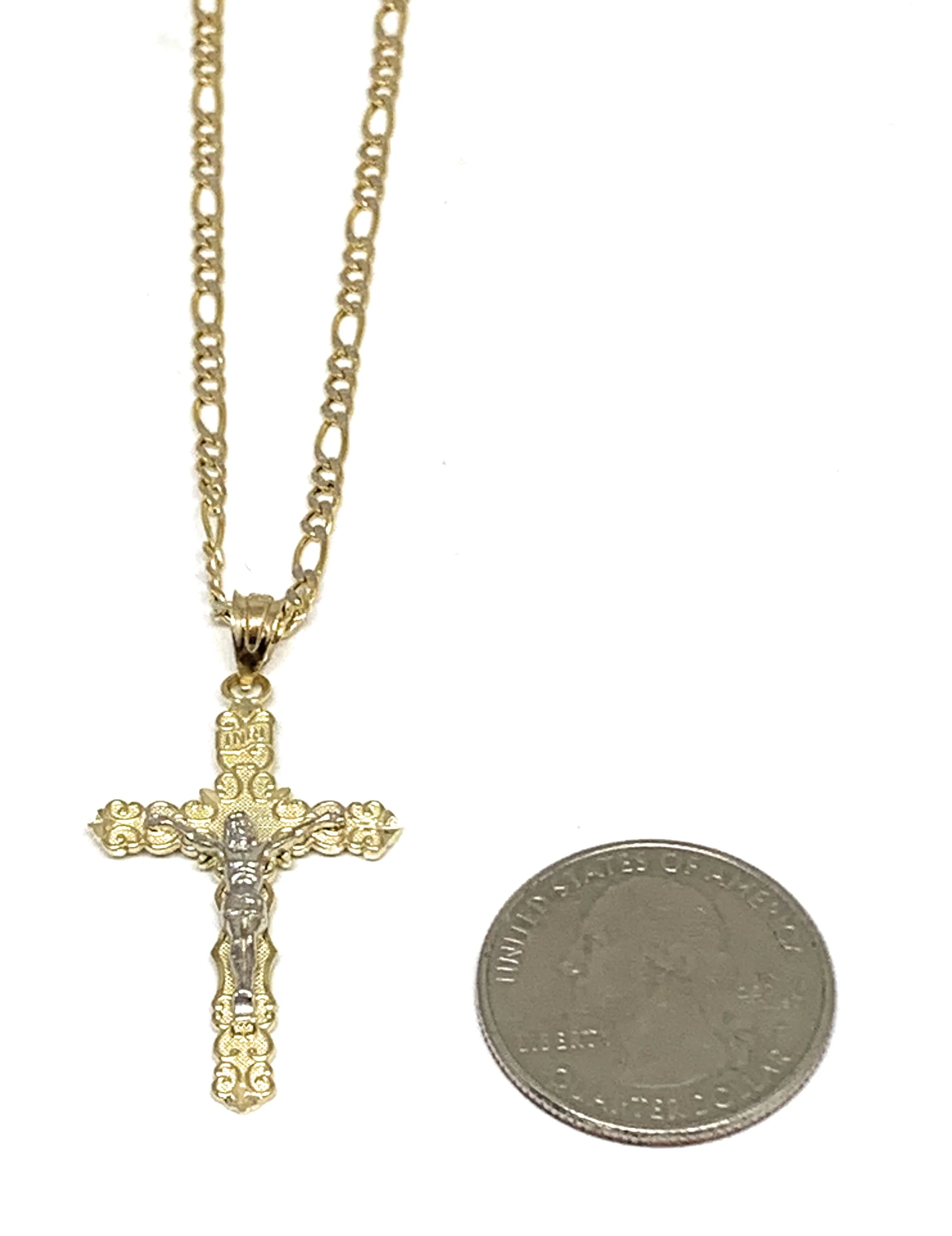 14k Solid Gold 2-Tone Classic Jesus Cross Pendant Necklace Crucifix With Figaro Chain - Image 3